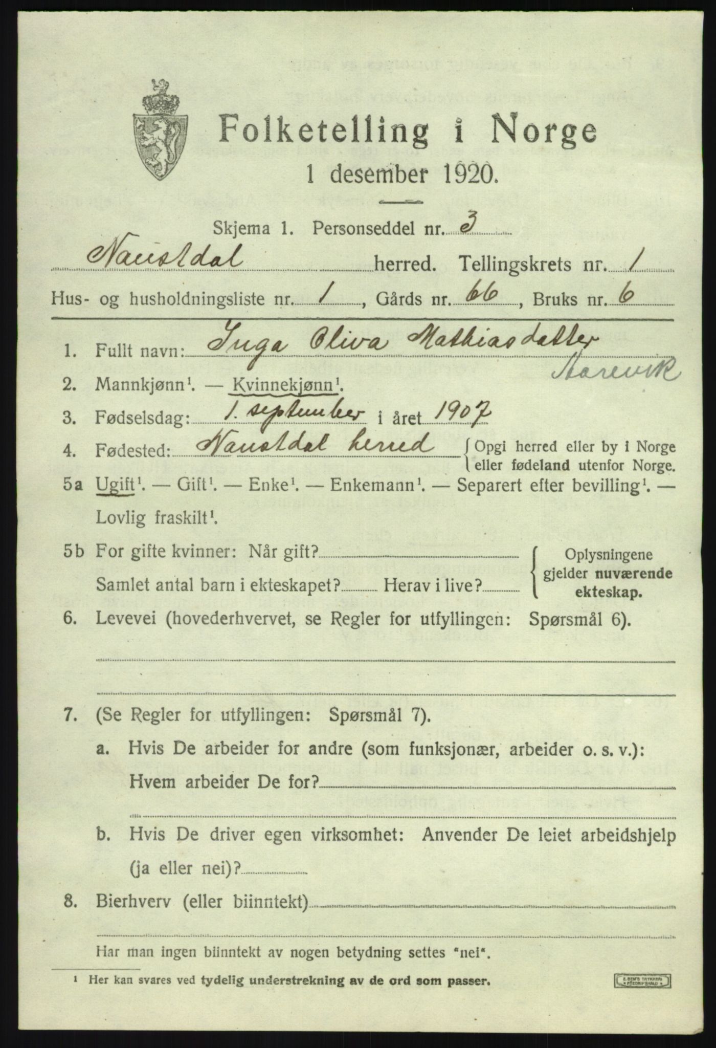 SAB, 1920 census for Naustdal, 1920, p. 867