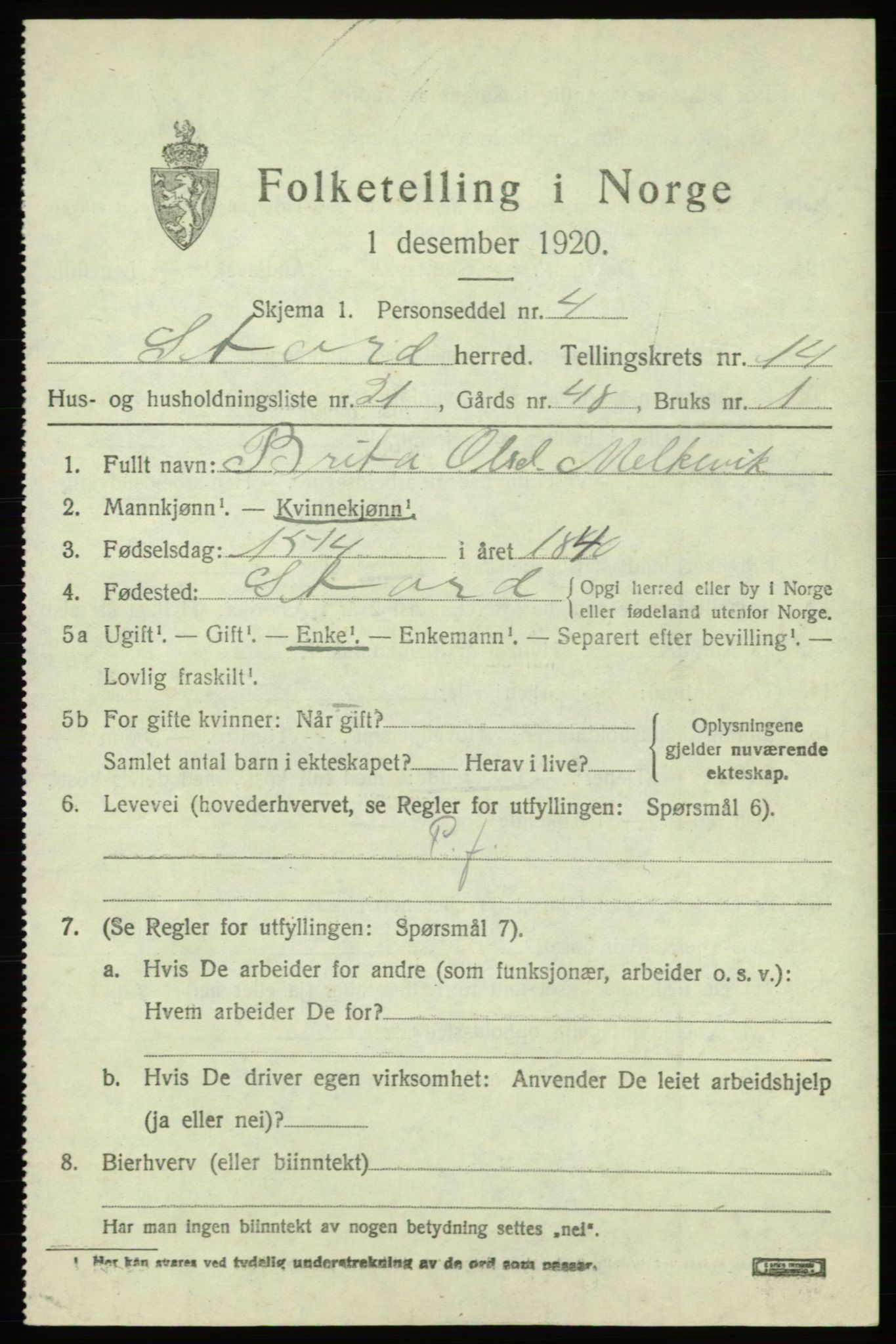 SAB, 1920 census for Stord, 1920, p. 8199