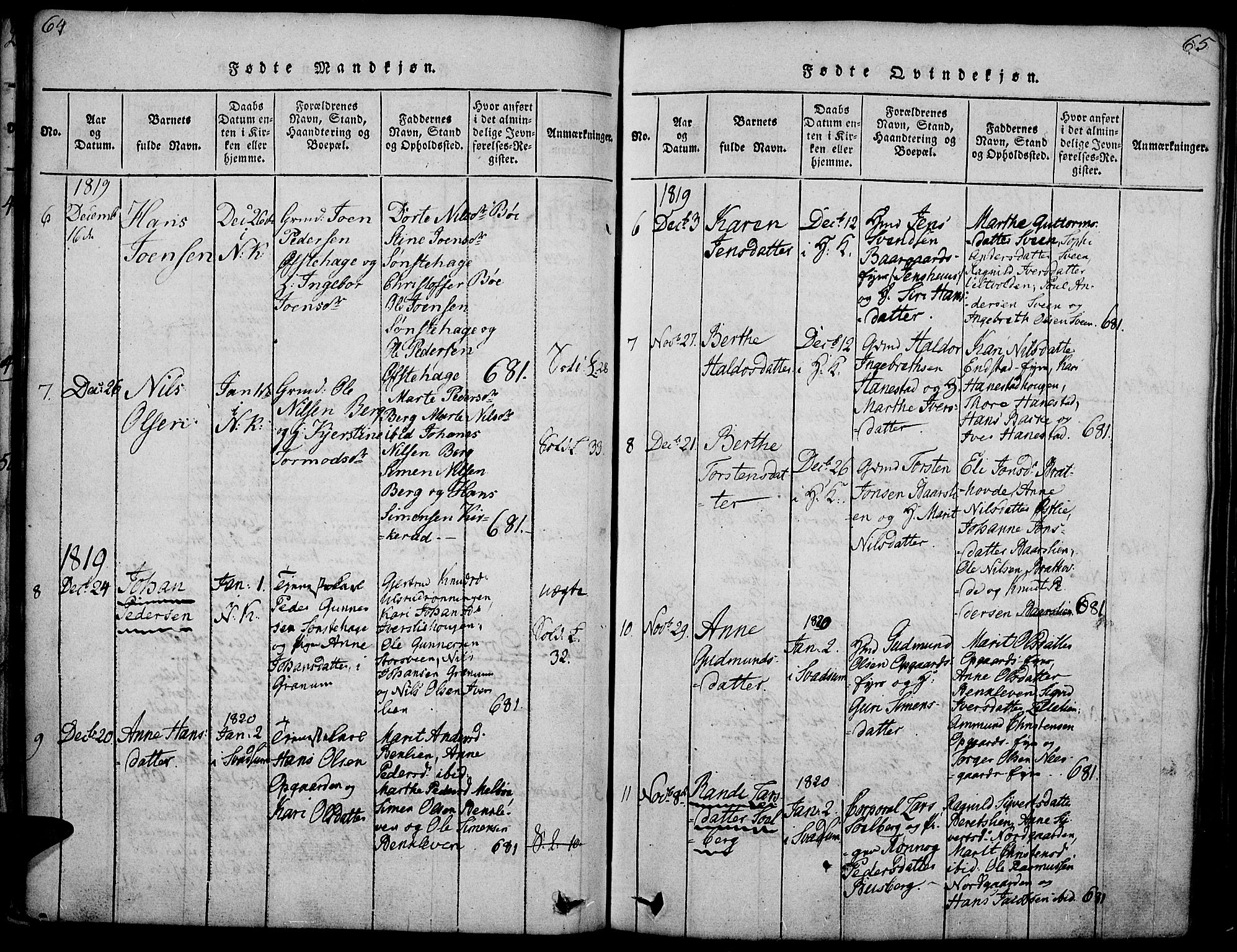Gausdal prestekontor, SAH/PREST-090/H/Ha/Haa/L0005: Parish register (official) no. 5, 1817-1829, p. 64-65