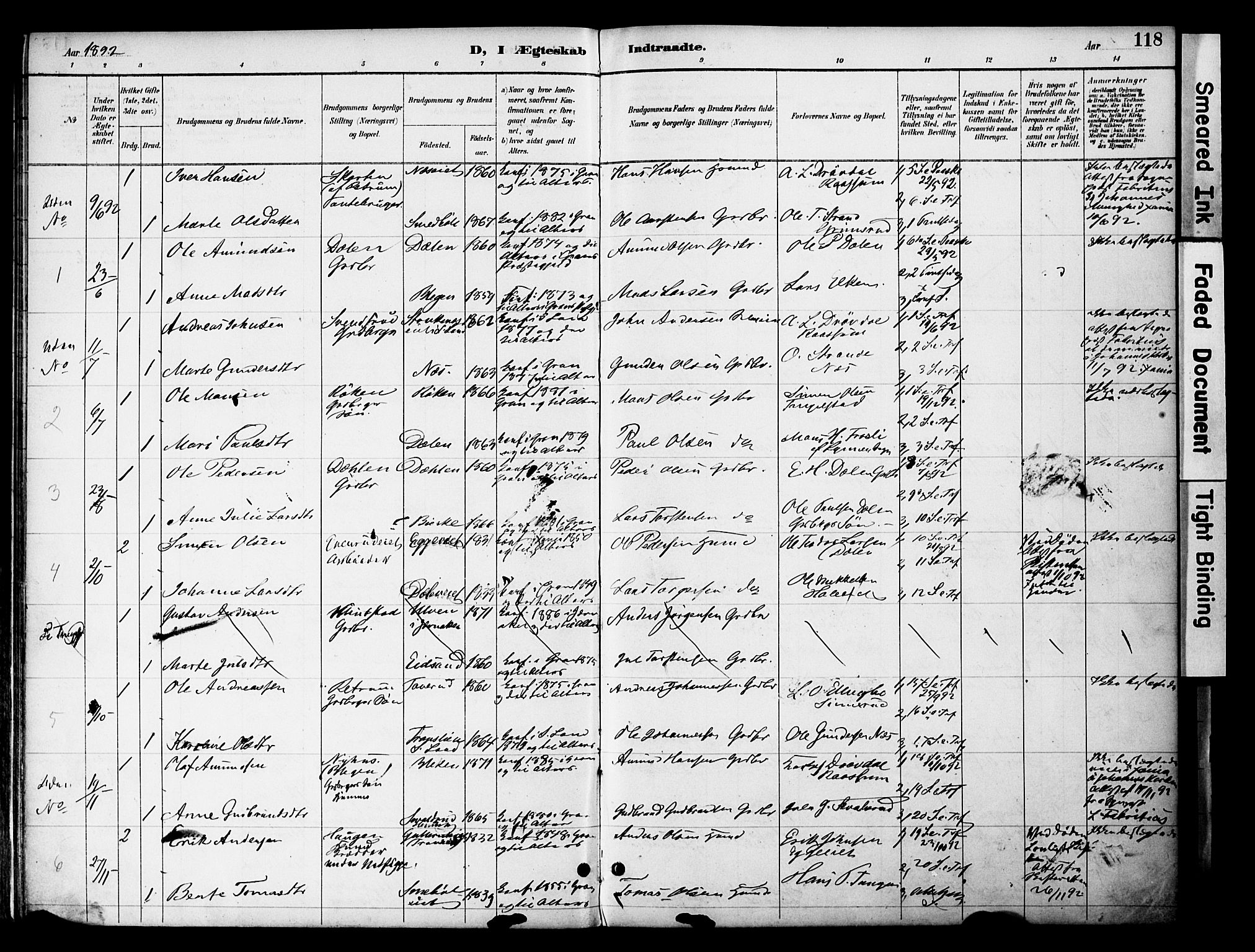 Gran prestekontor, SAH/PREST-112/H/Ha/Haa/L0020: Parish register (official) no. 20, 1889-1899, p. 118
