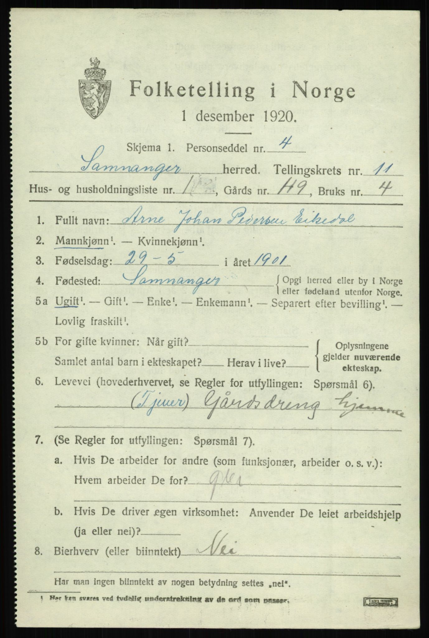 SAB, 1920 census for Samnanger, 1920, p. 4221