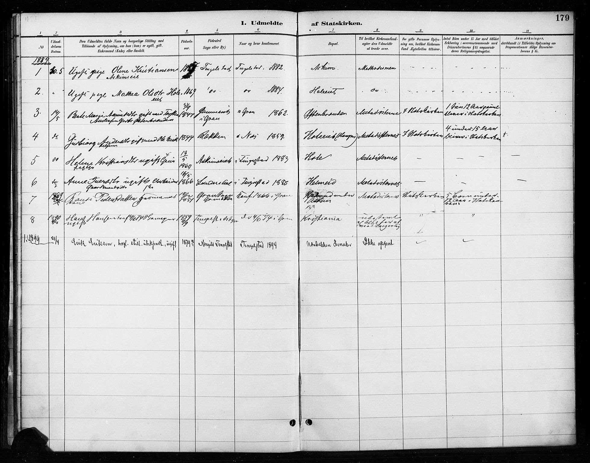 Gran prestekontor, SAH/PREST-112/H/Ha/Haa/L0018: Parish register (official) no. 18, 1889-1899, p. 179