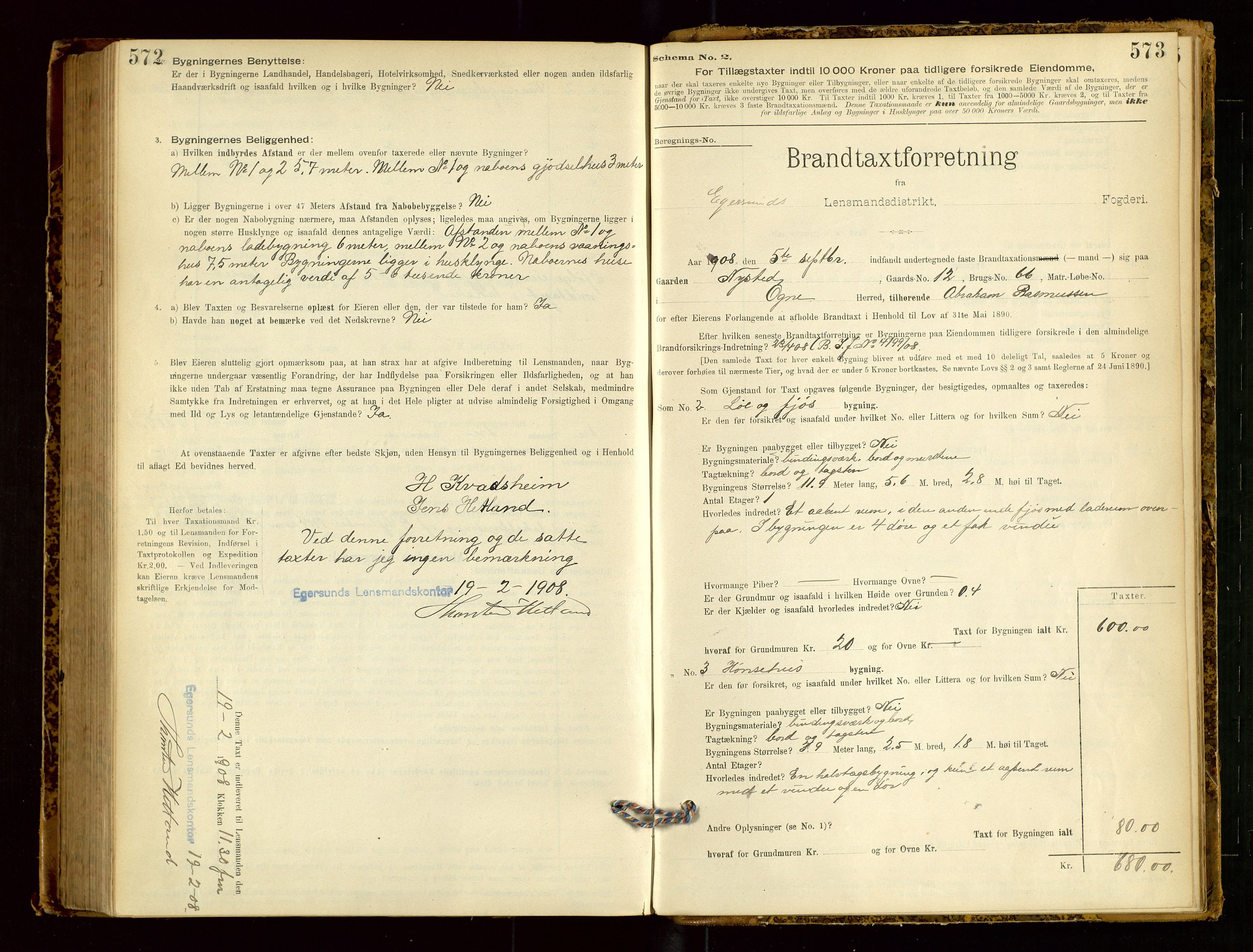 Eigersund lensmannskontor, AV/SAST-A-100171/Gob/L0001: Skjemaprotokoll, 1894-1909, p. 572-573