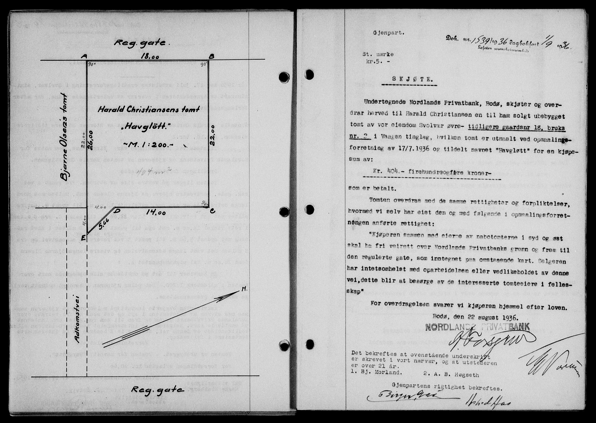 Lofoten sorenskriveri, SAT/A-0017/1/2/2C/L0001a: Mortgage book no. 1a, 1936-1937, Diary no: : 1539/1936