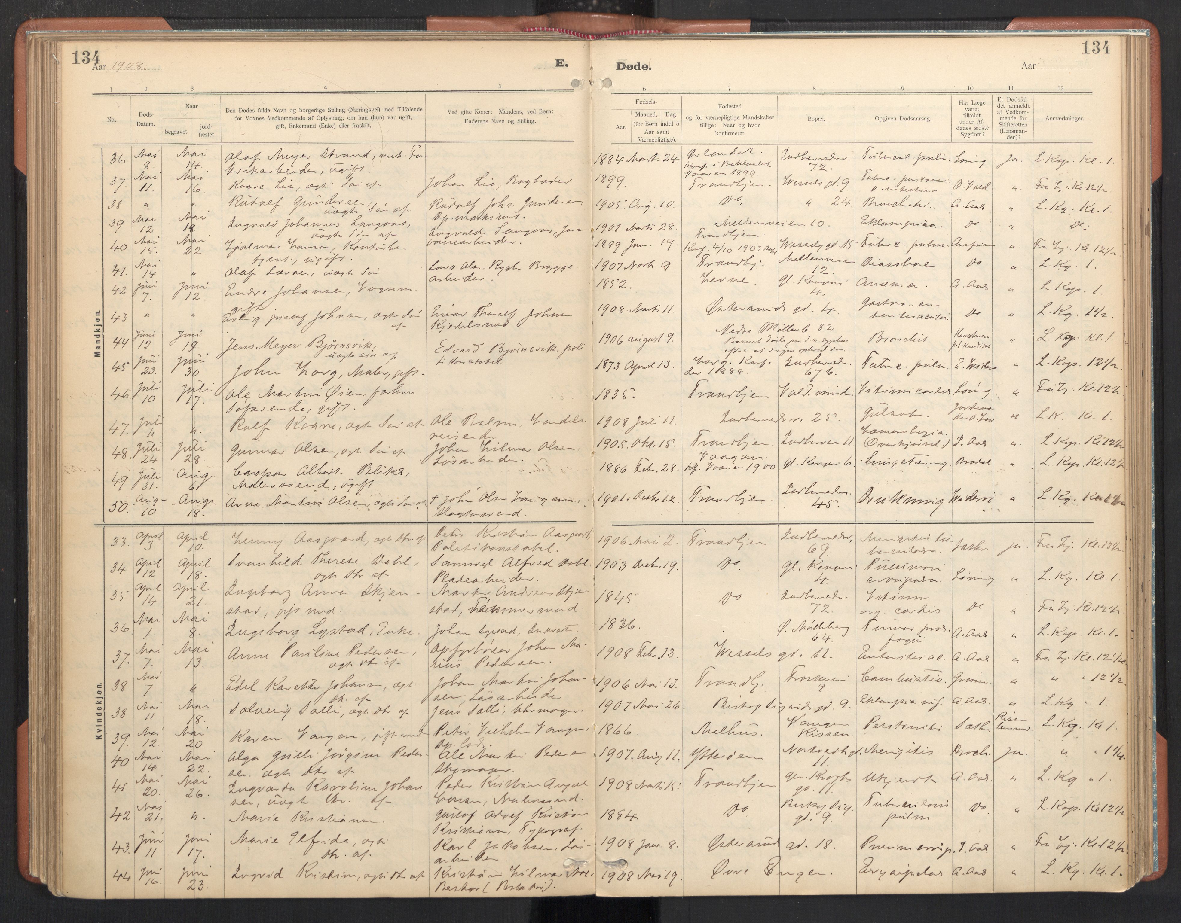 Ministerialprotokoller, klokkerbøker og fødselsregistre - Sør-Trøndelag, SAT/A-1456/605/L0244: Parish register (official) no. 605A06, 1908-1954, p. 134