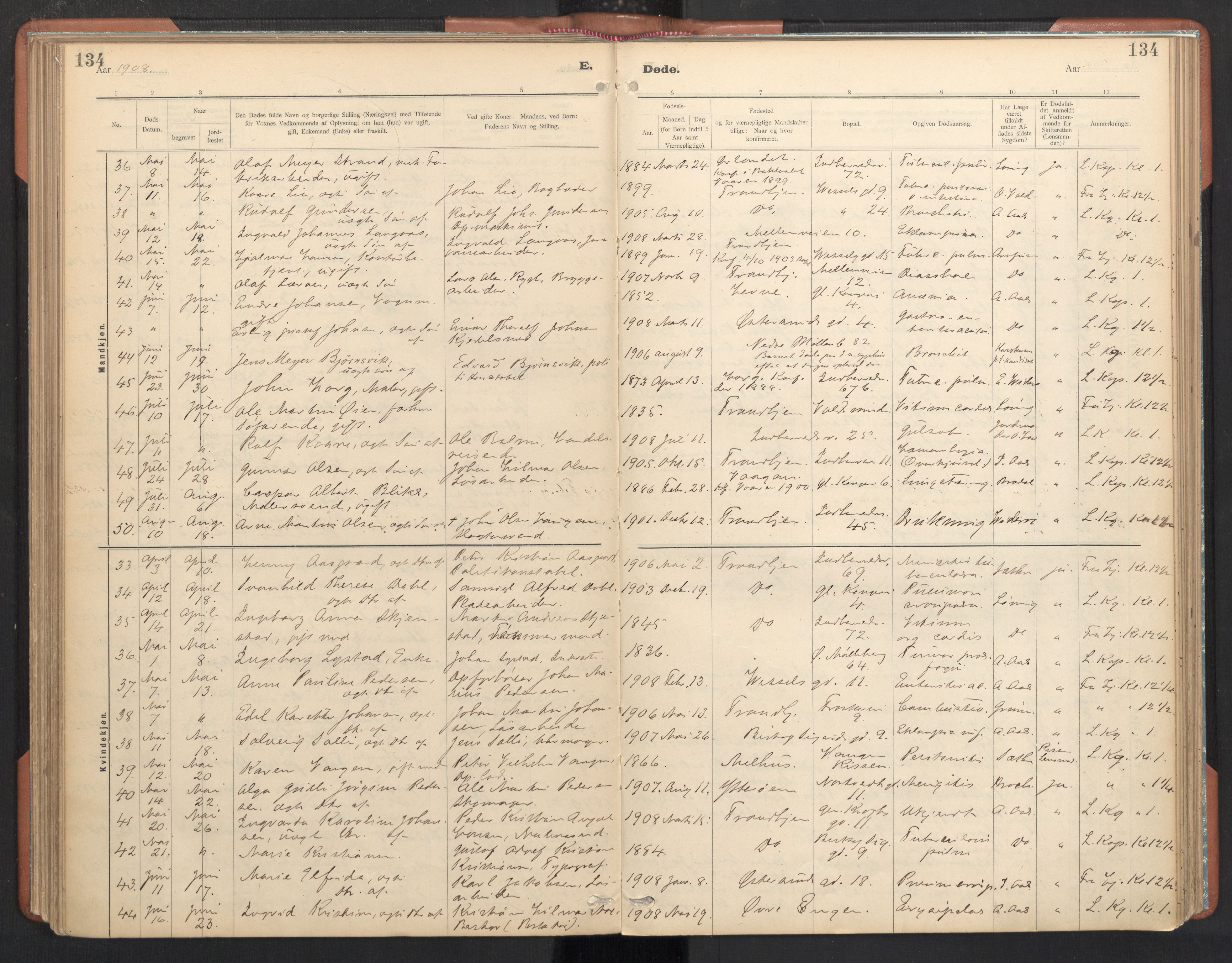 Ministerialprotokoller, klokkerbøker og fødselsregistre - Sør-Trøndelag, AV/SAT-A-1456/605/L0244: Parish register (official) no. 605A06, 1908-1954, p. 134