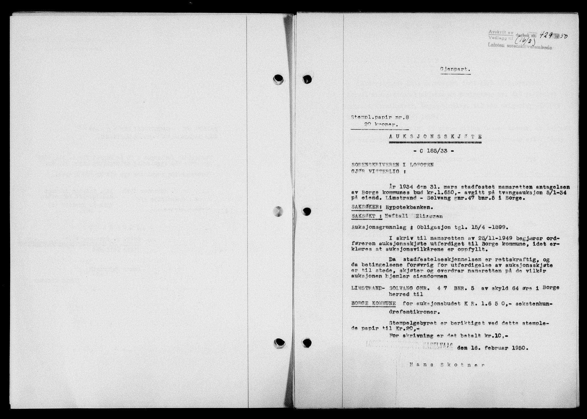 Lofoten sorenskriveri, SAT/A-0017/1/2/2C/L0023a: Mortgage book no. 23a, 1950-1950, Diary no: : 429/1950
