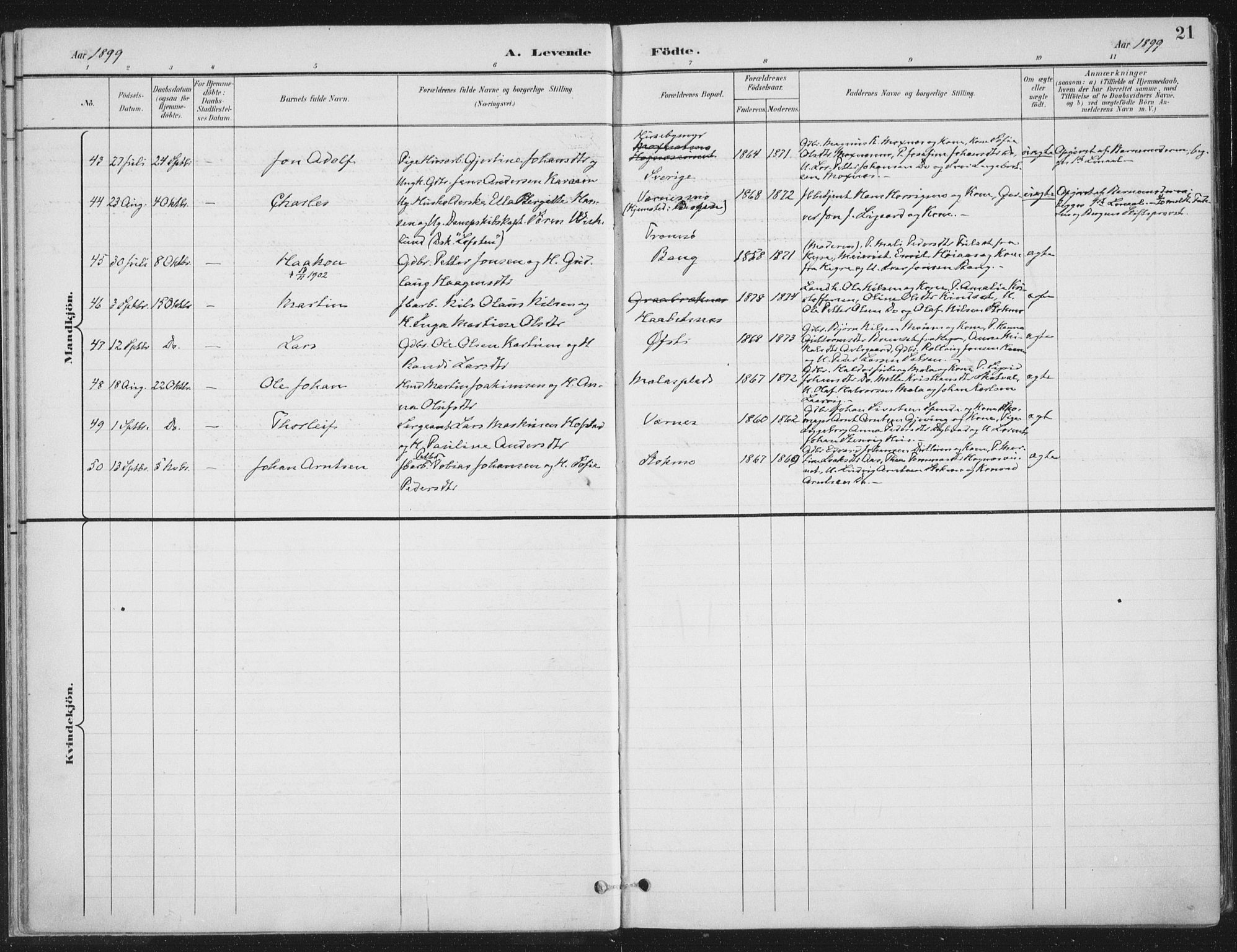 Ministerialprotokoller, klokkerbøker og fødselsregistre - Nord-Trøndelag, SAT/A-1458/709/L0082: Parish register (official) no. 709A22, 1896-1916, p. 21