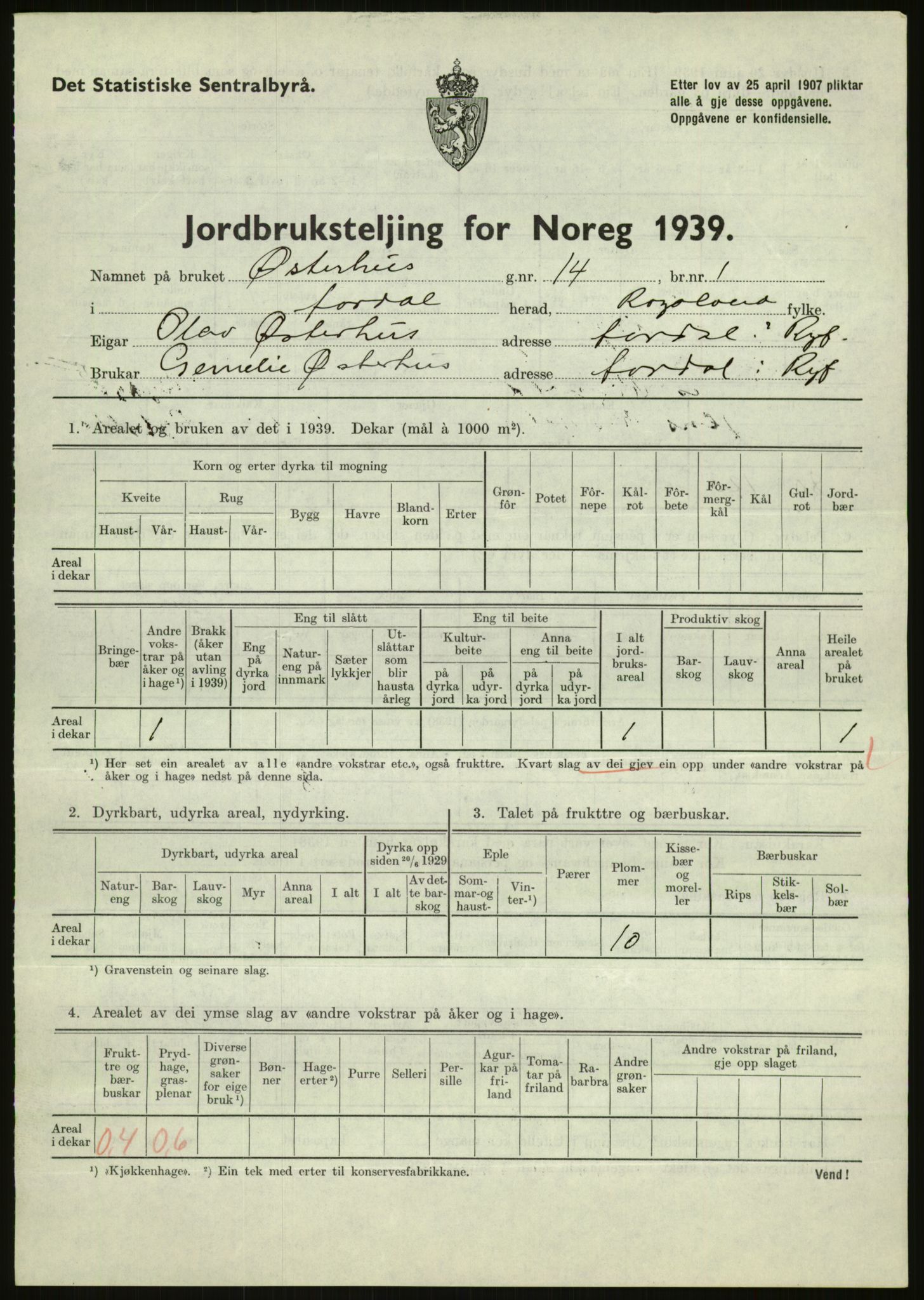 Statistisk sentralbyrå, Næringsøkonomiske emner, Jordbruk, skogbruk, jakt, fiske og fangst, AV/RA-S-2234/G/Gb/L0184: Rogaland: Årdal, Fister og Hjelmeland, 1939, p. 397