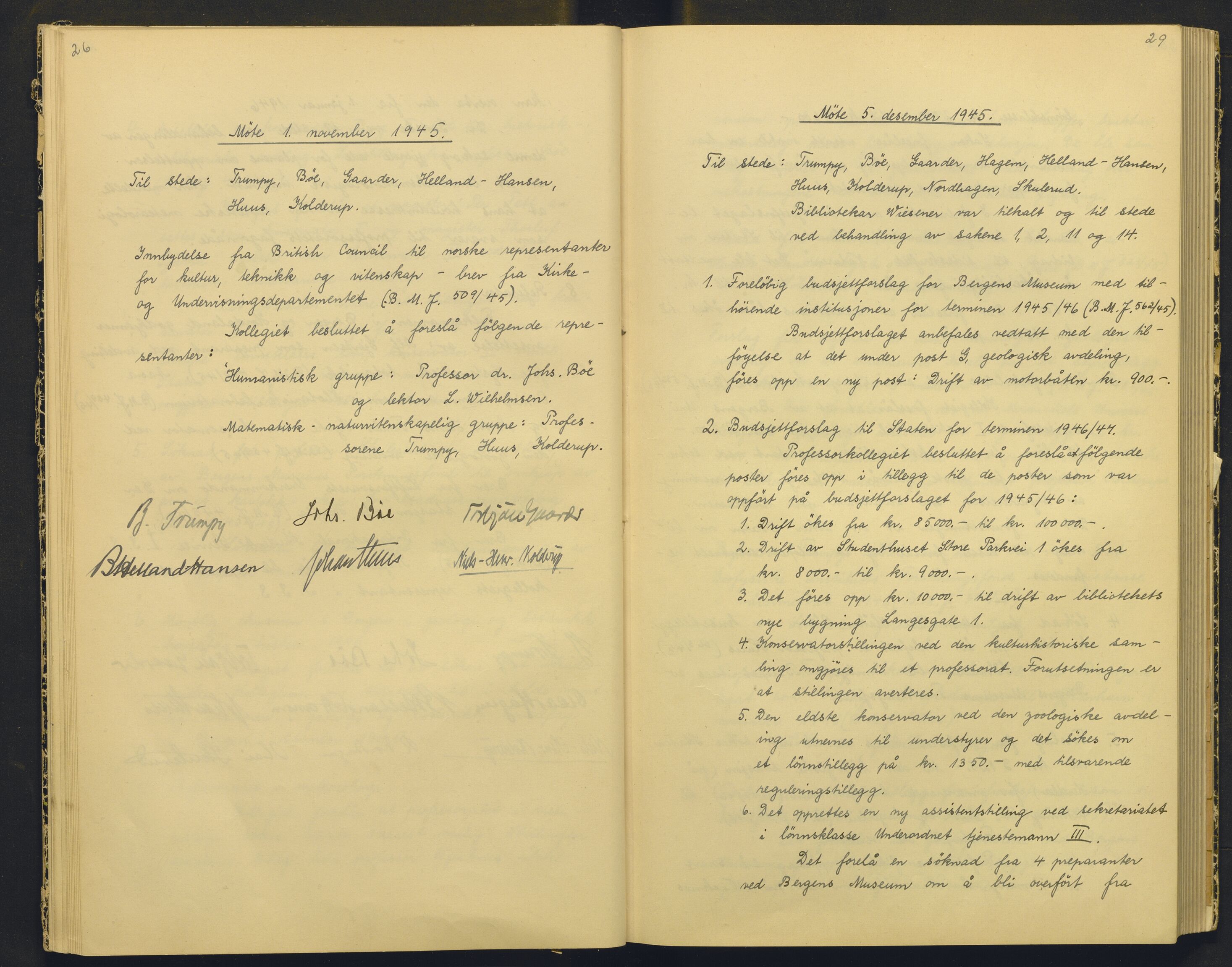 Bergens Museum, AV/SAB-A-17301/18/A/L0004: Professorkollegiets møtebok med register , 1945-1949, p. 26-29