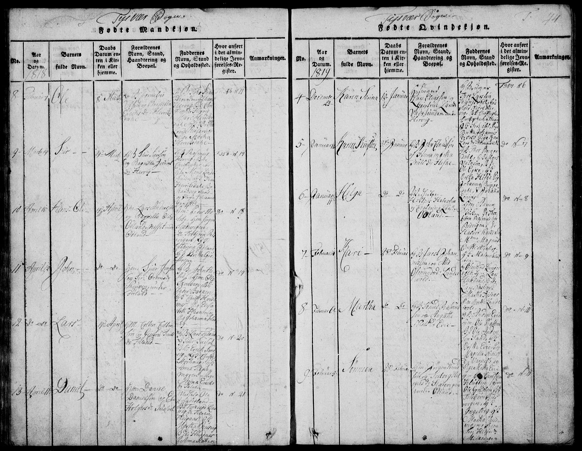 Skjold sokneprestkontor, SAST/A-101847/H/Ha/Hab/L0002: Parish register (copy) no. B 2 /1, 1815-1830, p. 44