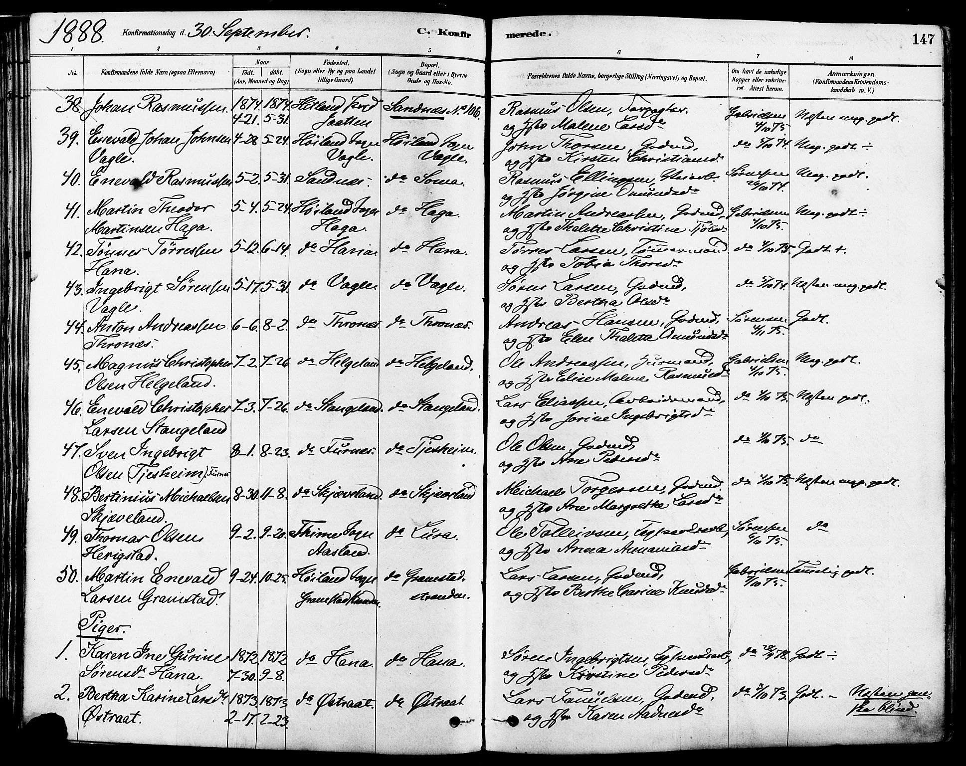 Høyland sokneprestkontor, SAST/A-101799/001/30BA/L0011: Parish register (official) no. A 10, 1878-1888, p. 147