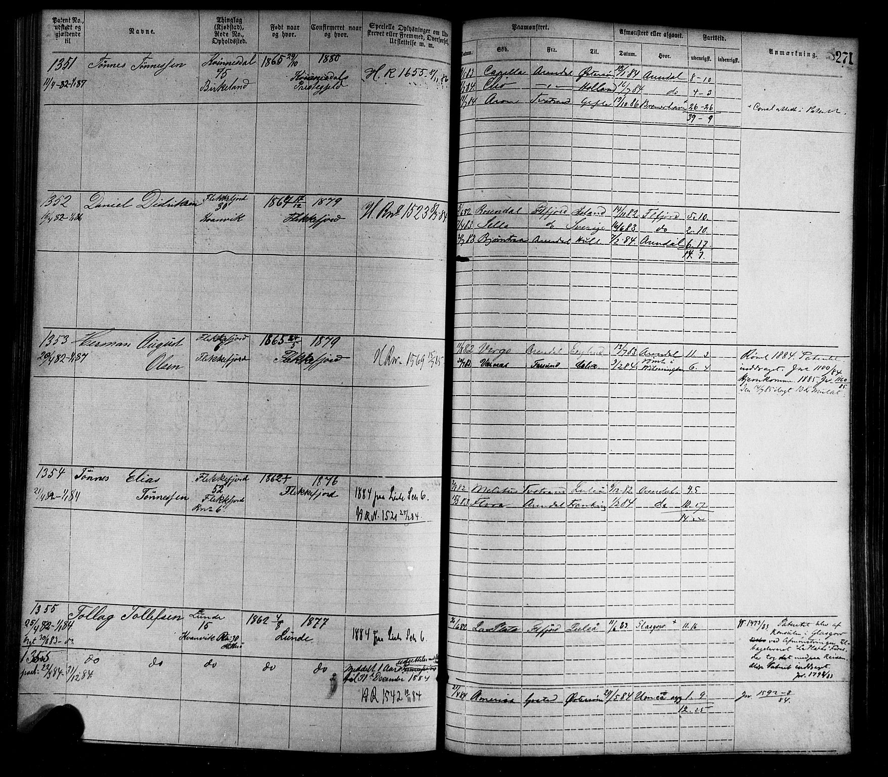 Flekkefjord mønstringskrets, SAK/2031-0018/F/Fa/L0002: Annotasjonsrulle nr 1-1920 med register, N-2, 1870-1891, p. 299