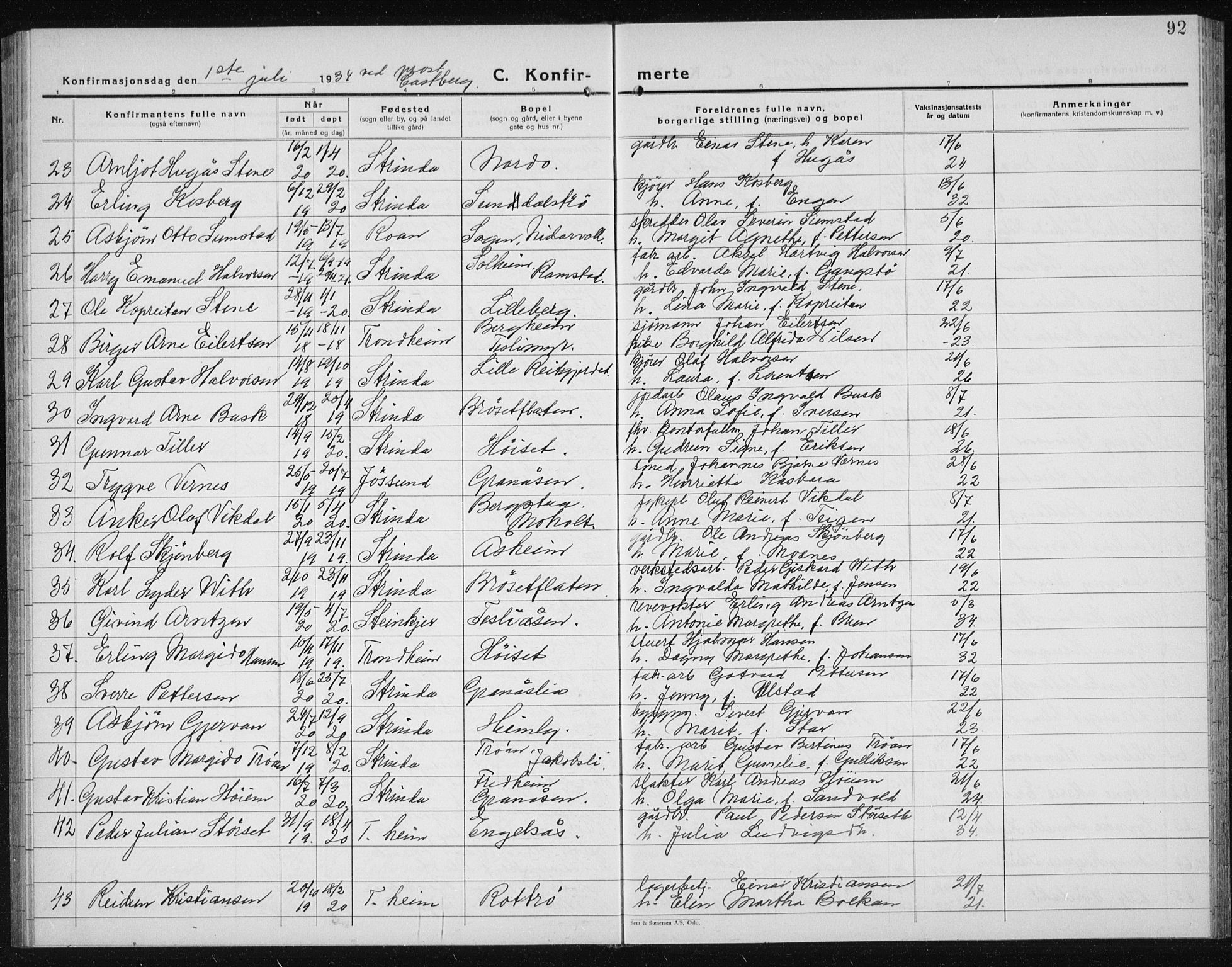 Ministerialprotokoller, klokkerbøker og fødselsregistre - Sør-Trøndelag, AV/SAT-A-1456/607/L0327: Parish register (copy) no. 607C01, 1930-1939, p. 92