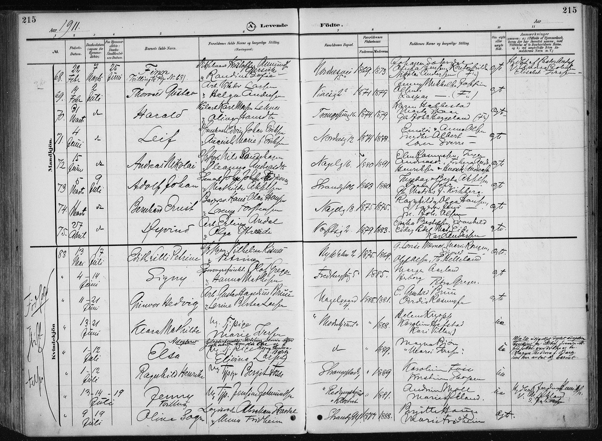 Nykirken Sokneprestembete, AV/SAB-A-77101/H/Haa/L0019: Parish register (official) no. B 7, 1904-1916, p. 215