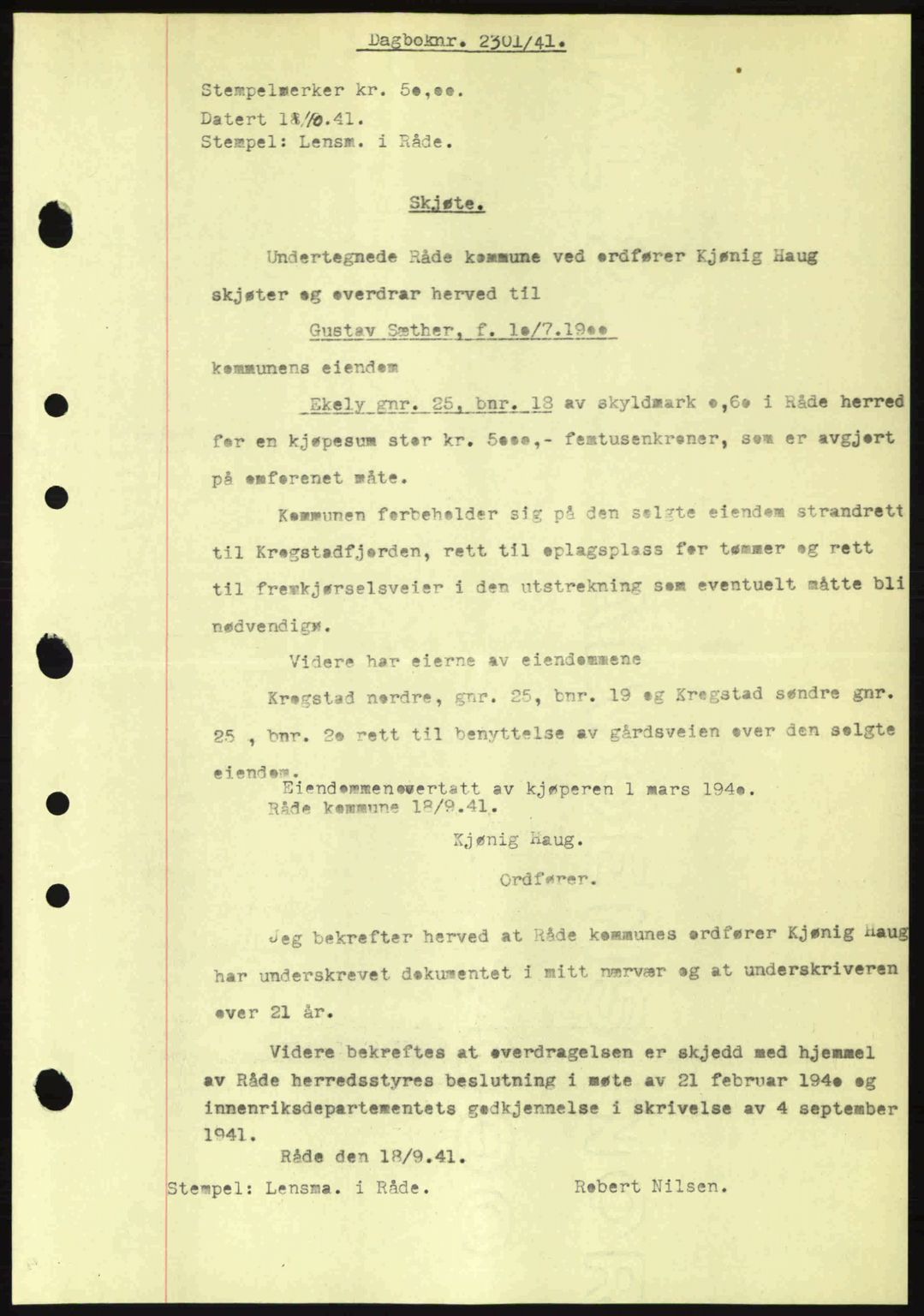 Moss sorenskriveri, SAO/A-10168: Mortgage book no. A9, 1941-1942, Diary no: : 2301/1941