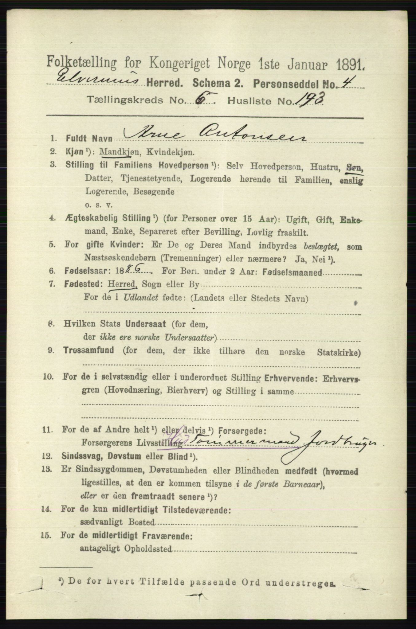 RA, 1891 census for 0427 Elverum, 1891, p. 5445