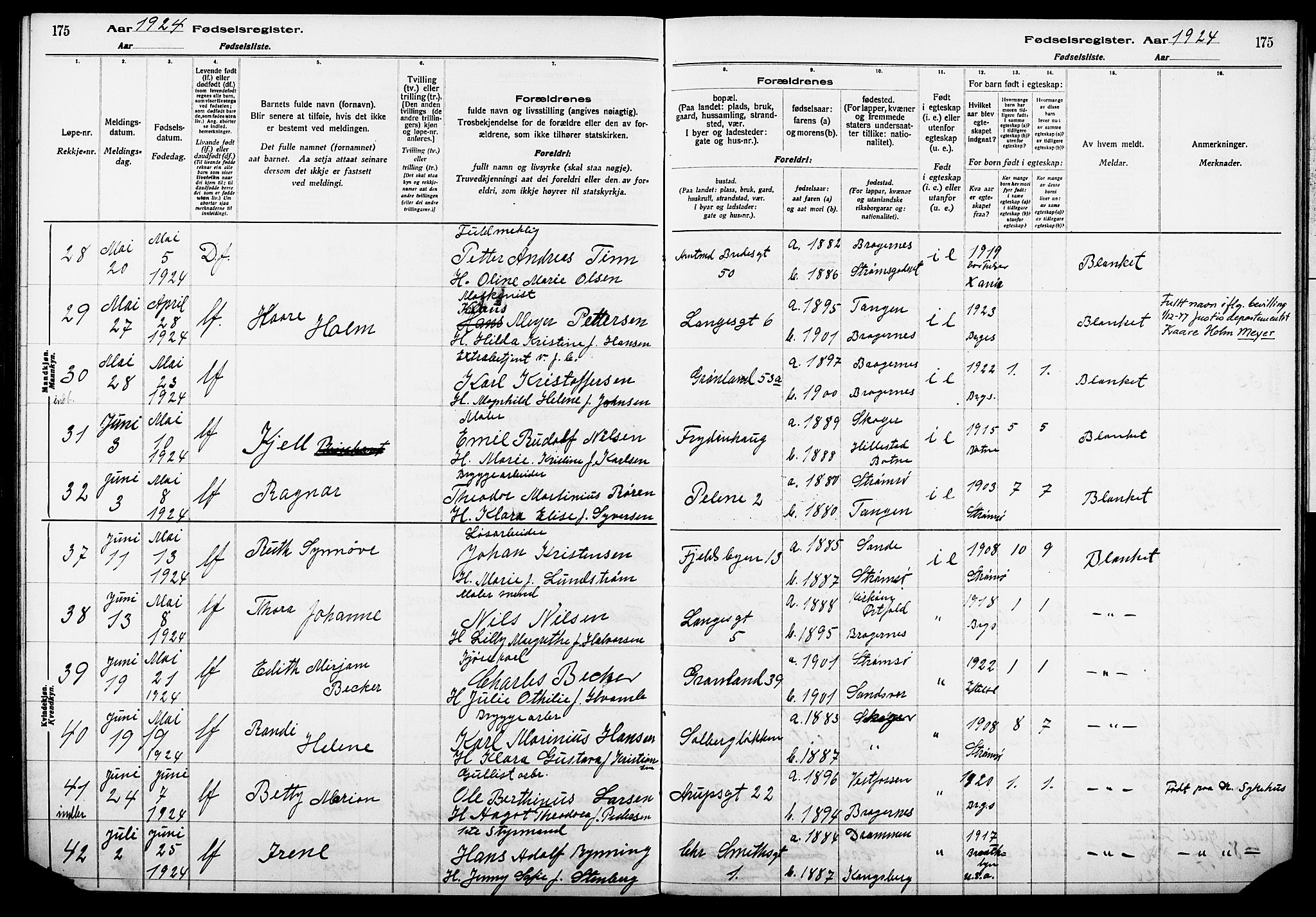 Strømsø kirkebøker, AV/SAKO-A-246/J/Ja/L0001: Birth register no. I 1, 1916-1925, p. 175