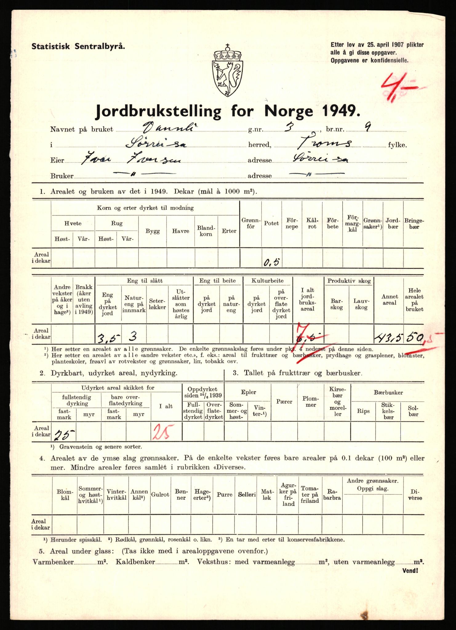 Statistisk sentralbyrå, Næringsøkonomiske emner, Jordbruk, skogbruk, jakt, fiske og fangst, AV/RA-S-2234/G/Gc/L0440: Troms: Sørreisa og Dyrøy, 1949, p. 172