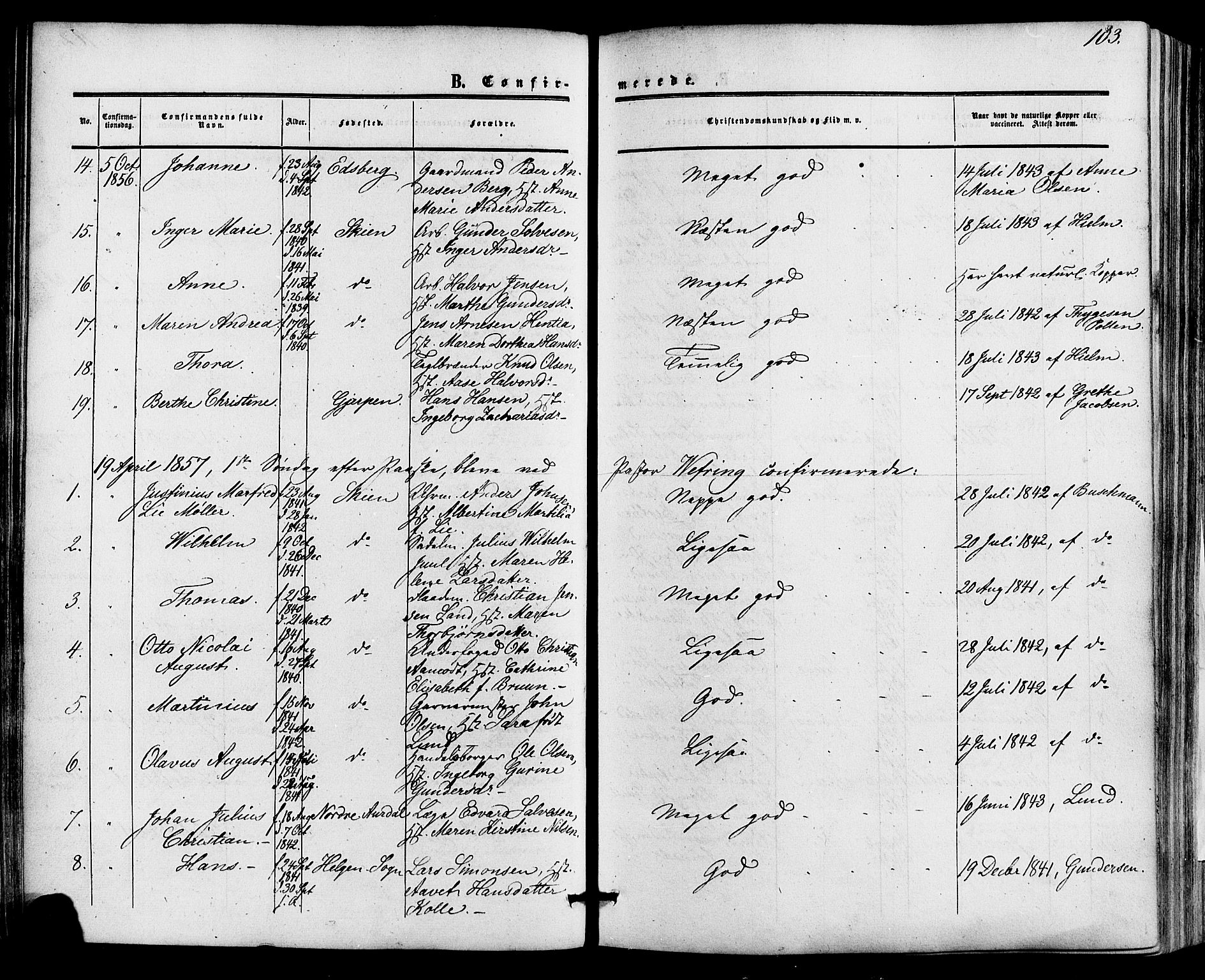 Skien kirkebøker, SAKO/A-302/F/Fa/L0007: Parish register (official) no. 7, 1856-1865, p. 103