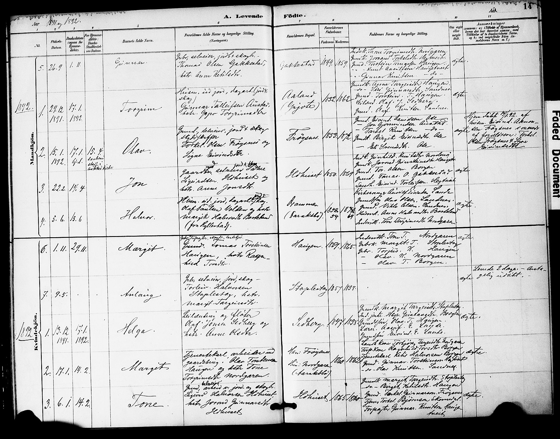 Bygland sokneprestkontor, SAK/1111-0006/F/Fa/Fac/L0001: Parish register (official) no. A 1, 1885-1909, p. 14