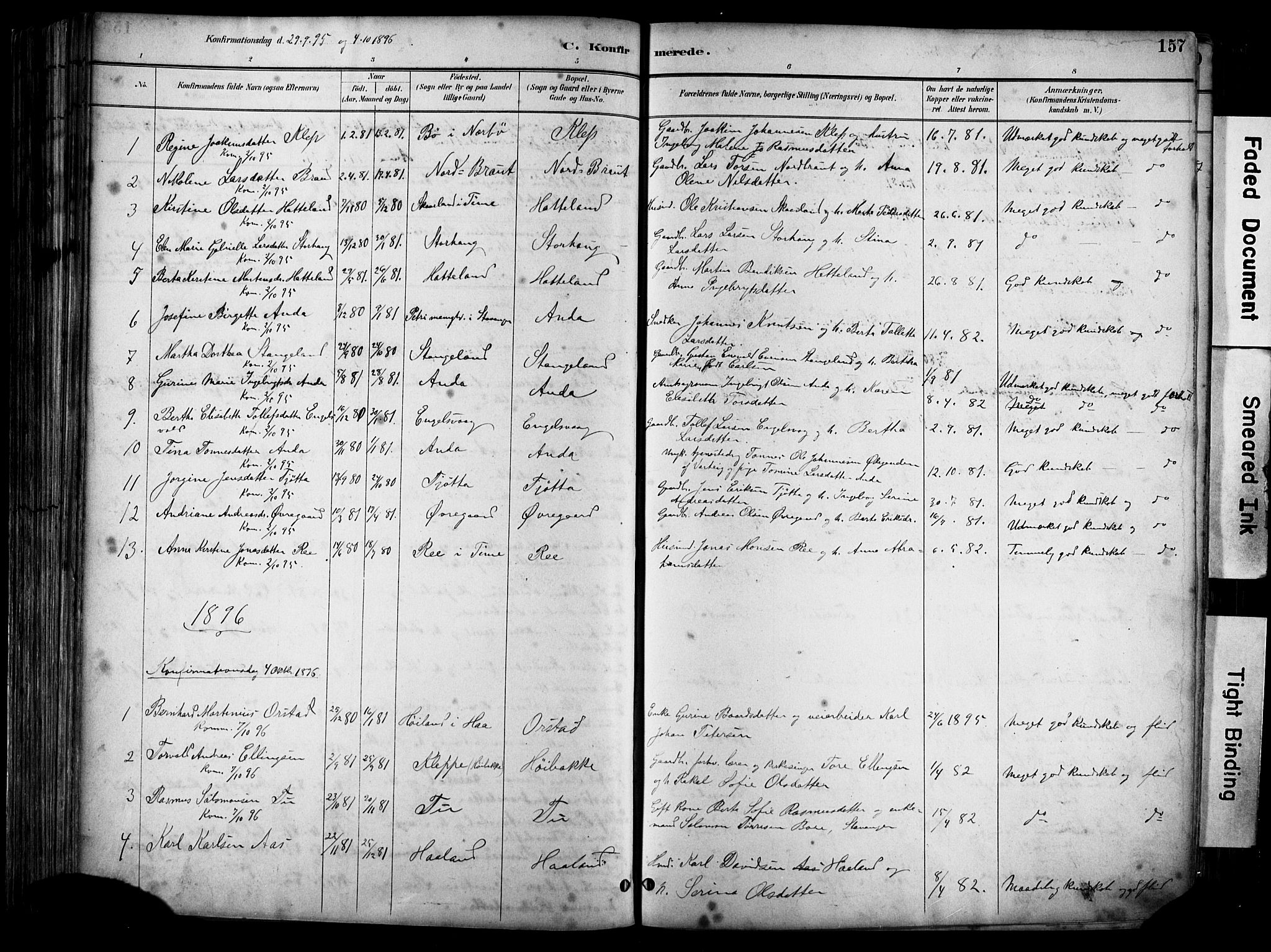 Klepp sokneprestkontor, SAST/A-101803/001/3/30BA/L0009: Parish register (official) no. A 7, 1886-1915, p. 157