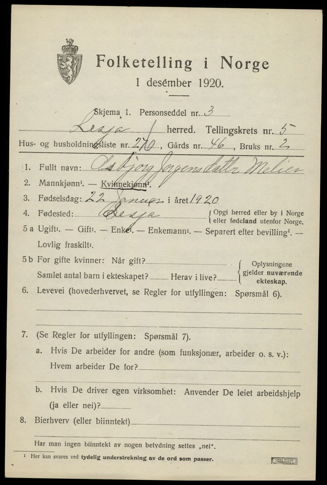 SAH, 1920 census for Lesja, 1920, p. 3128