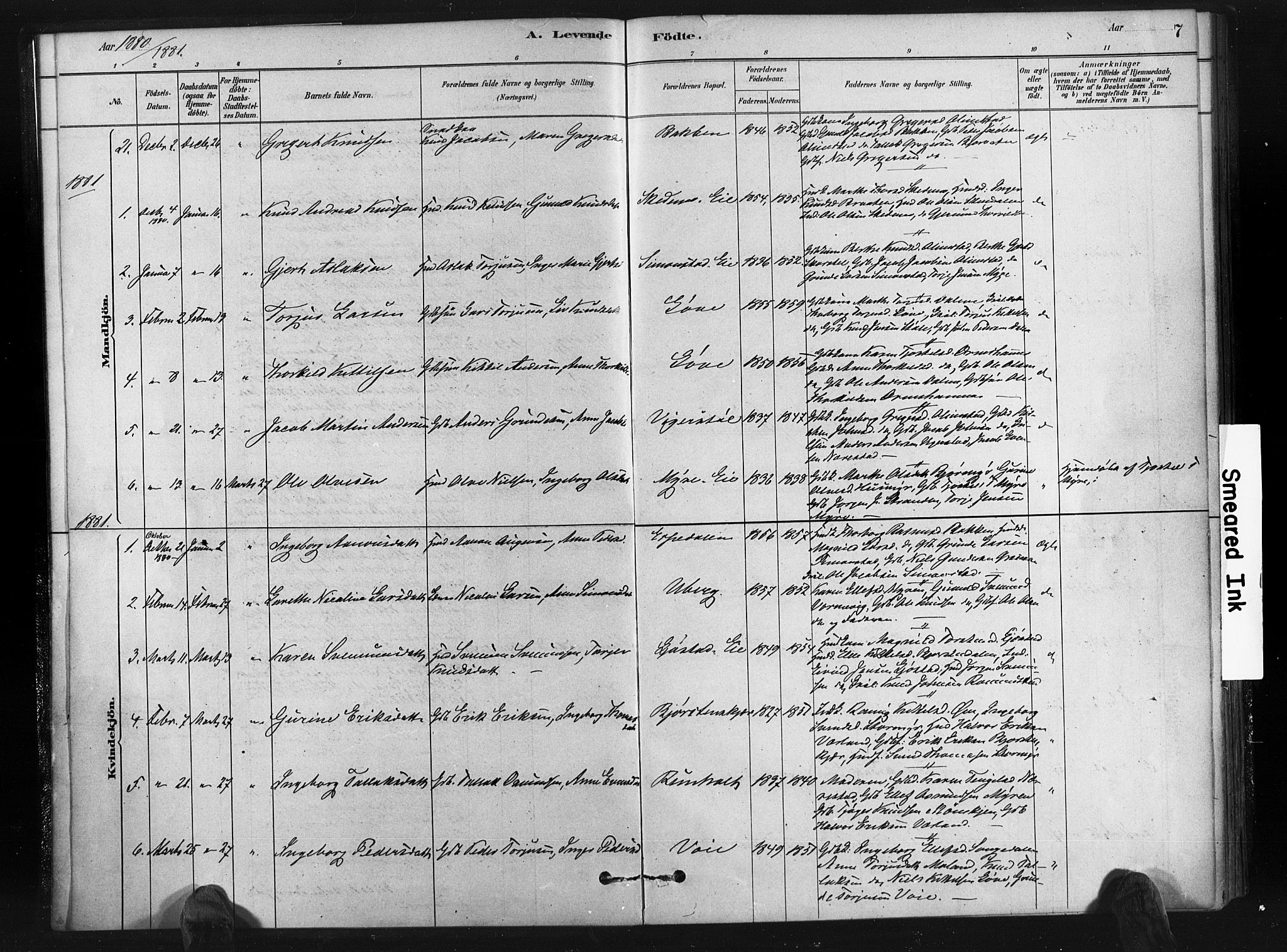 Gjerstad sokneprestkontor, AV/SAK-1111-0014/F/Fa/Fab/L0004: Parish register (official) no. A 4, 1879-1890, p. 7