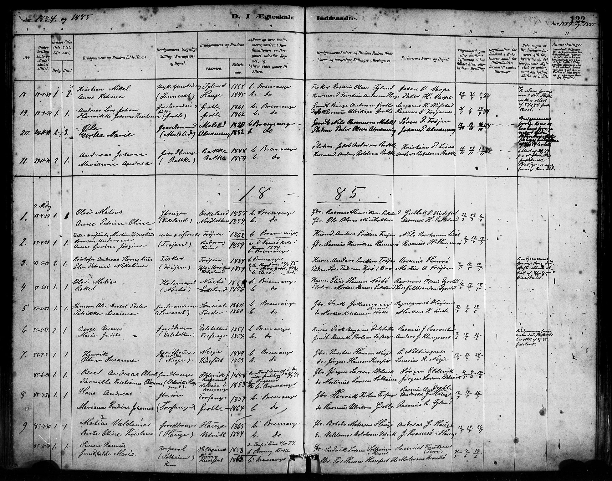 Bremanger sokneprestembete, SAB/A-82201/H/Haa/Haab/L0001: Parish register (official) no. B 1, 1884-1895, p. 122