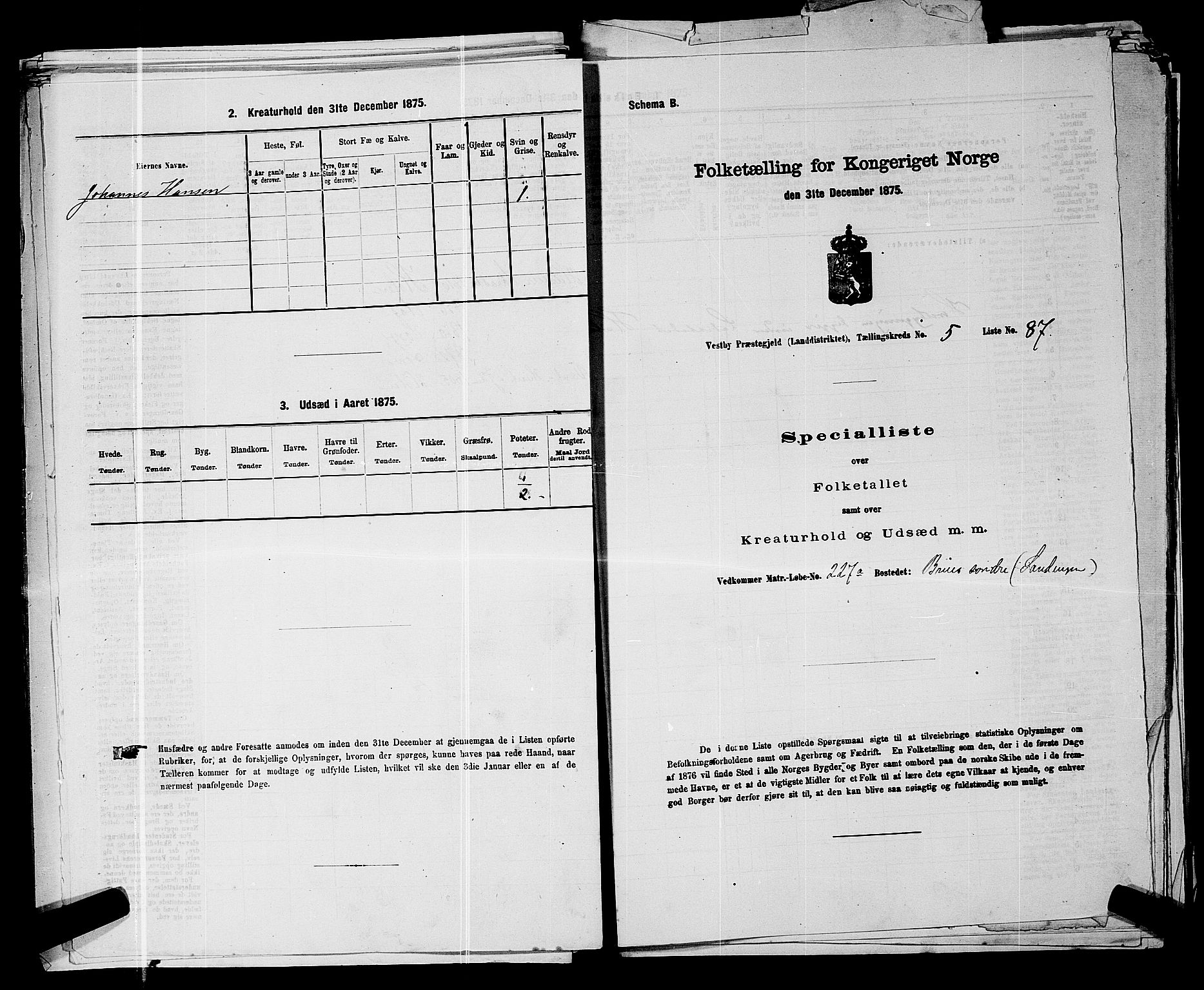 RA, 1875 census for 0211L Vestby/Vestby, Garder og Såner, 1875, p. 892