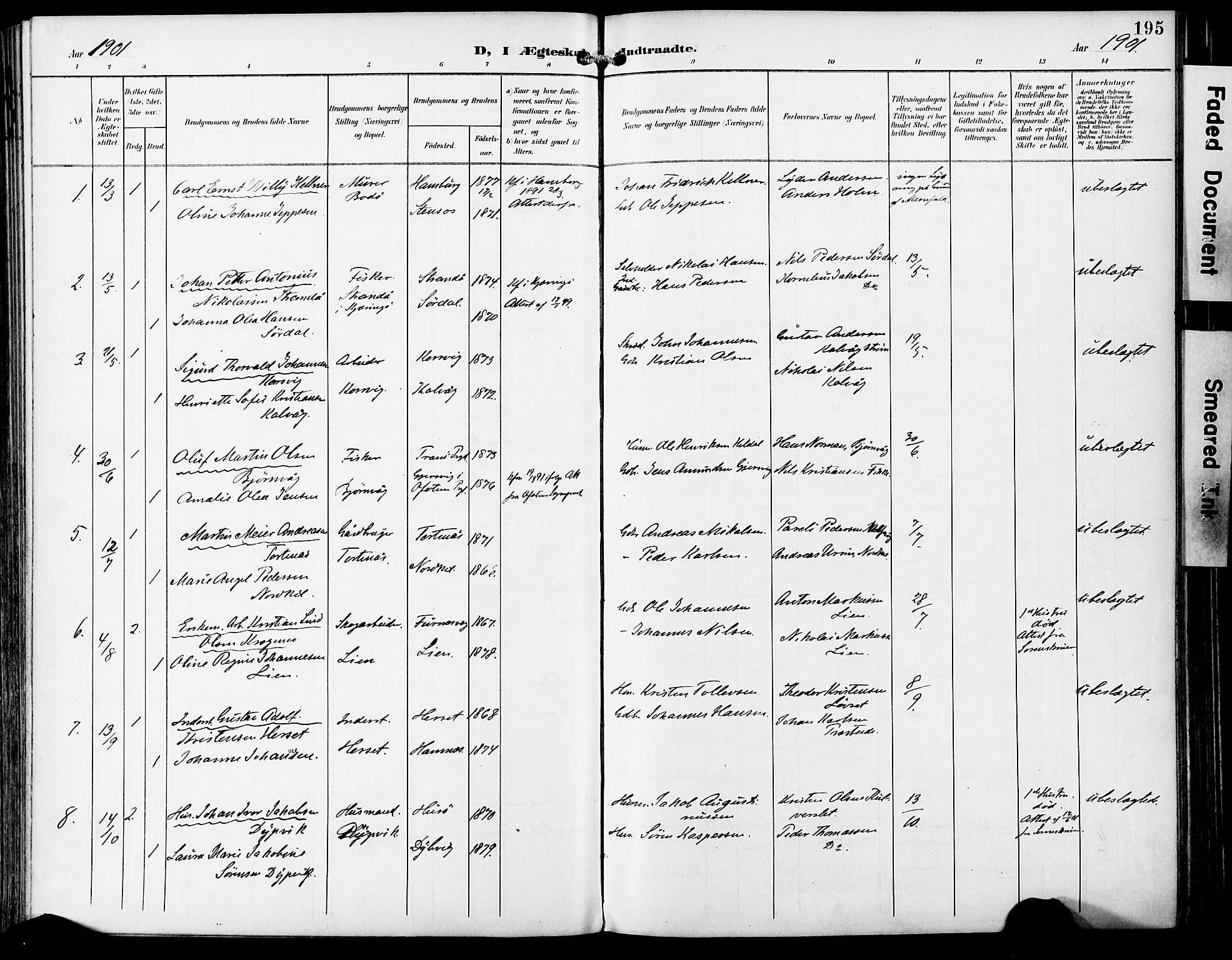 Ministerialprotokoller, klokkerbøker og fødselsregistre - Nordland, SAT/A-1459/859/L0848: Parish register (official) no. 859A08, 1900-1912, p. 195