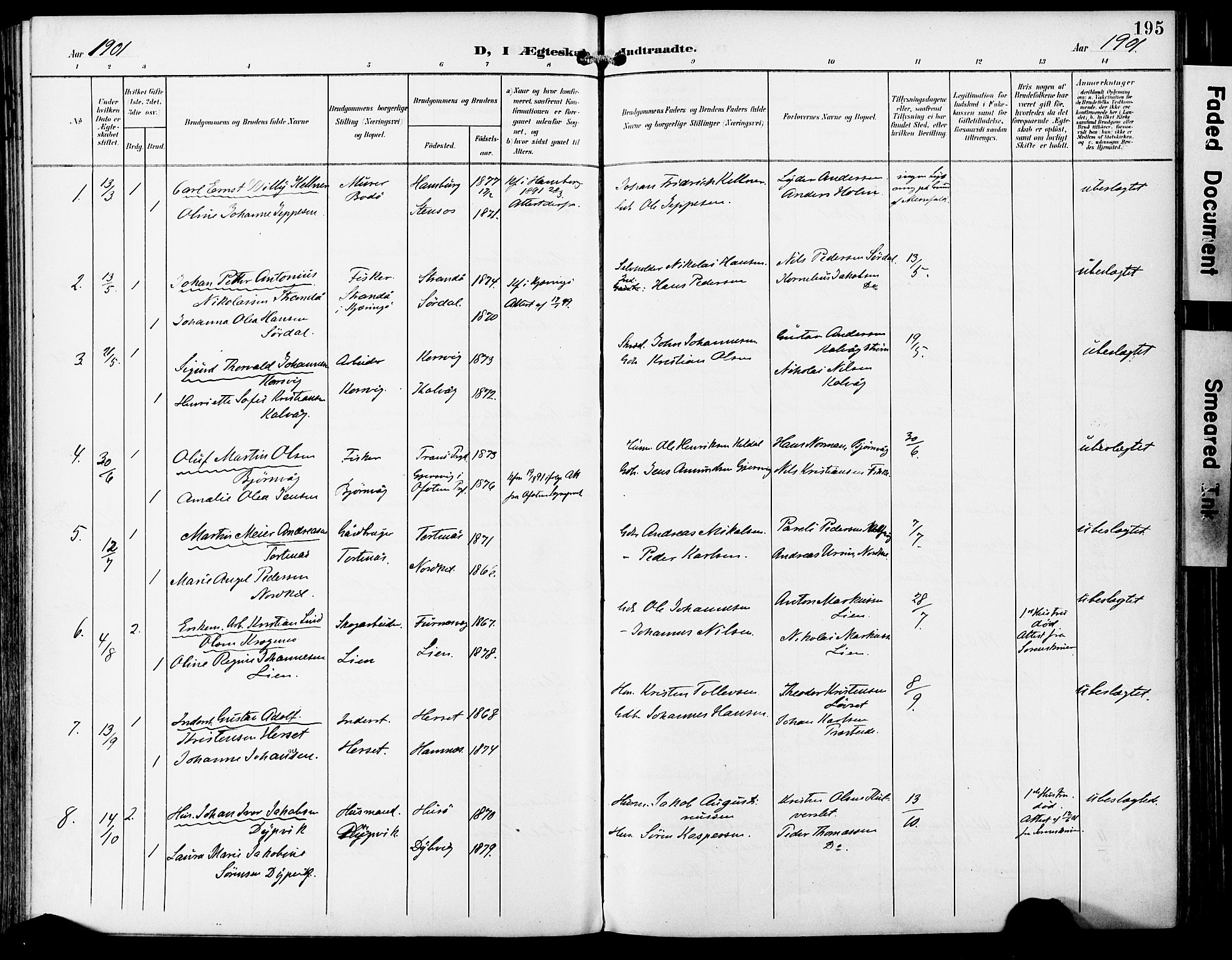 Ministerialprotokoller, klokkerbøker og fødselsregistre - Nordland, AV/SAT-A-1459/859/L0848: Parish register (official) no. 859A08, 1900-1912, p. 195