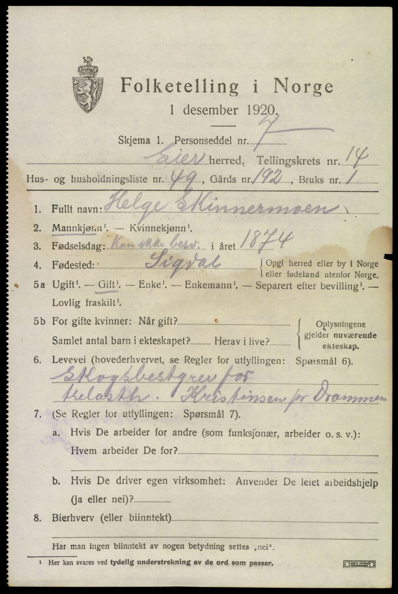 SAKO, 1920 census for Lier, 1920, p. 22594