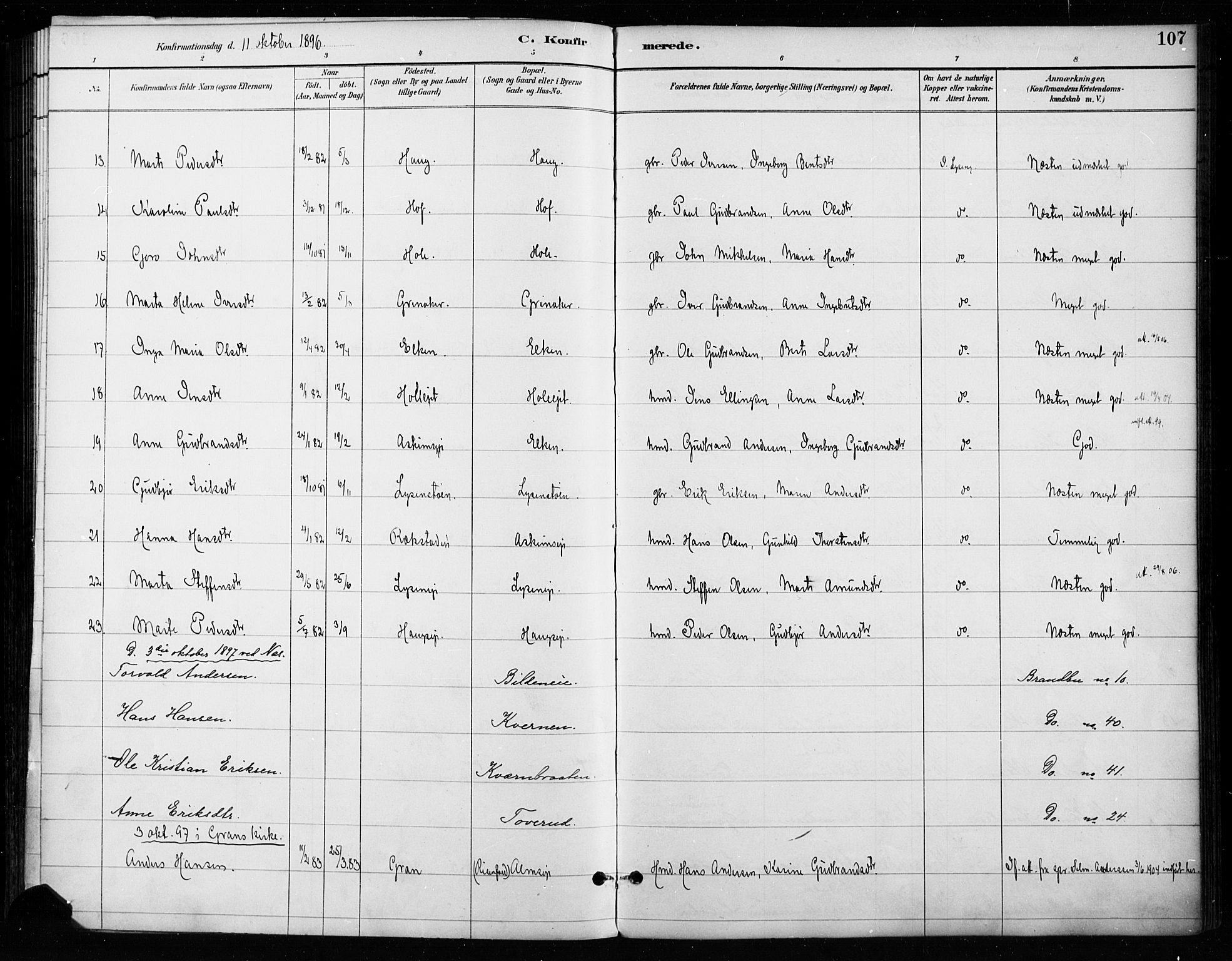 Gran prestekontor, SAH/PREST-112/H/Ha/Haa/L0018: Parish register (official) no. 18, 1889-1899, p. 107