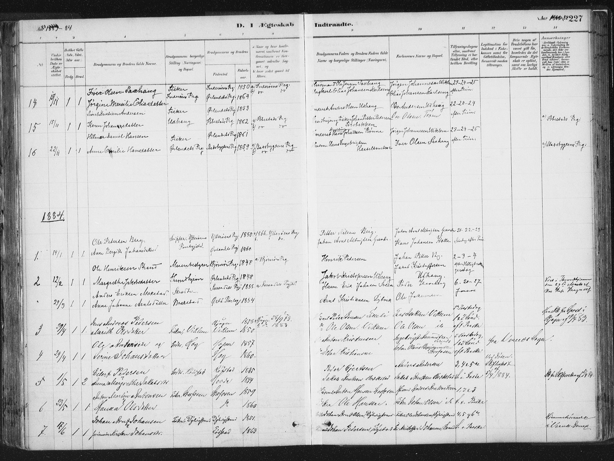 Ministerialprotokoller, klokkerbøker og fødselsregistre - Sør-Trøndelag, SAT/A-1456/659/L0739: Parish register (official) no. 659A09, 1879-1893, p. 227