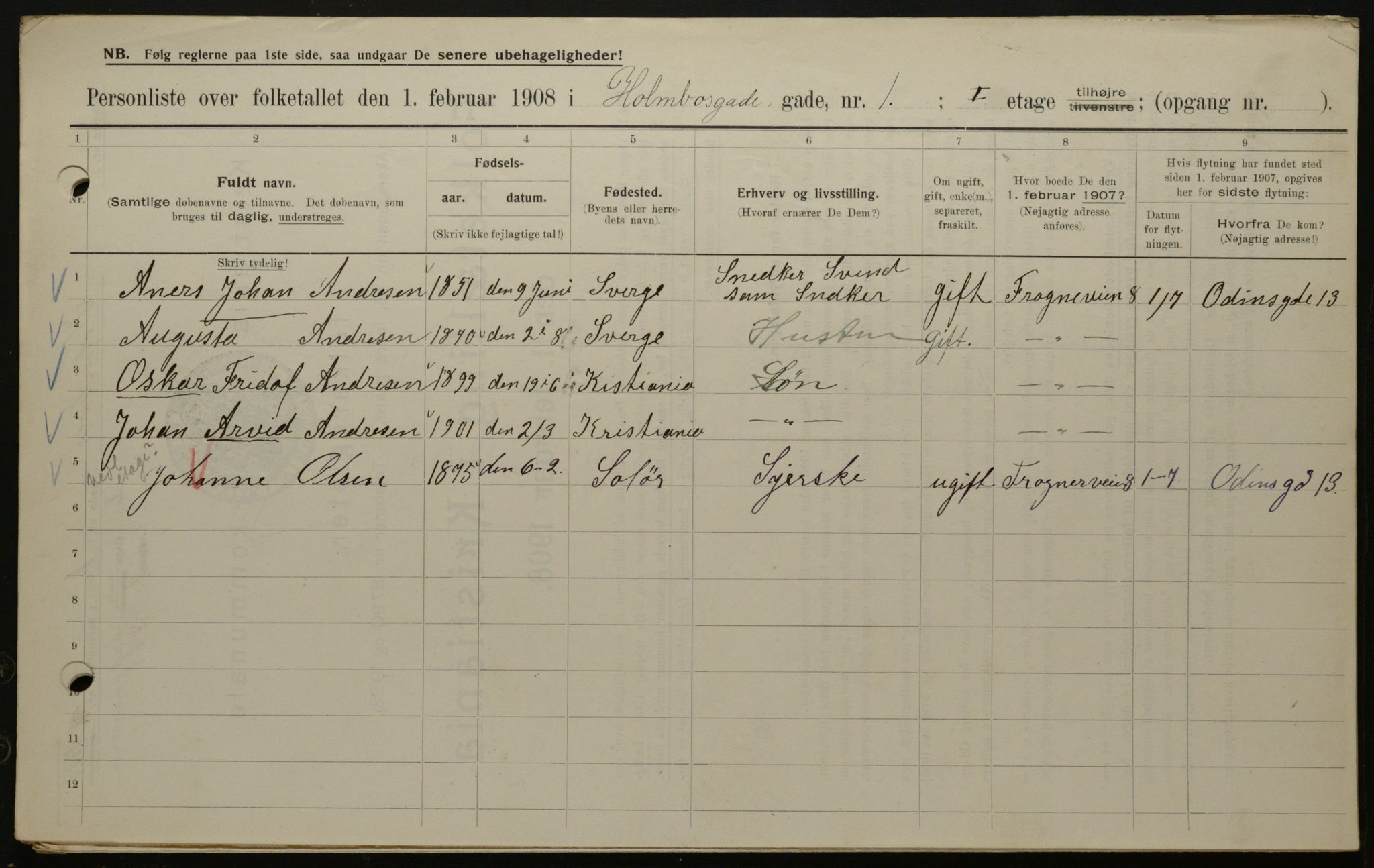 OBA, Municipal Census 1908 for Kristiania, 1908, p. 36673