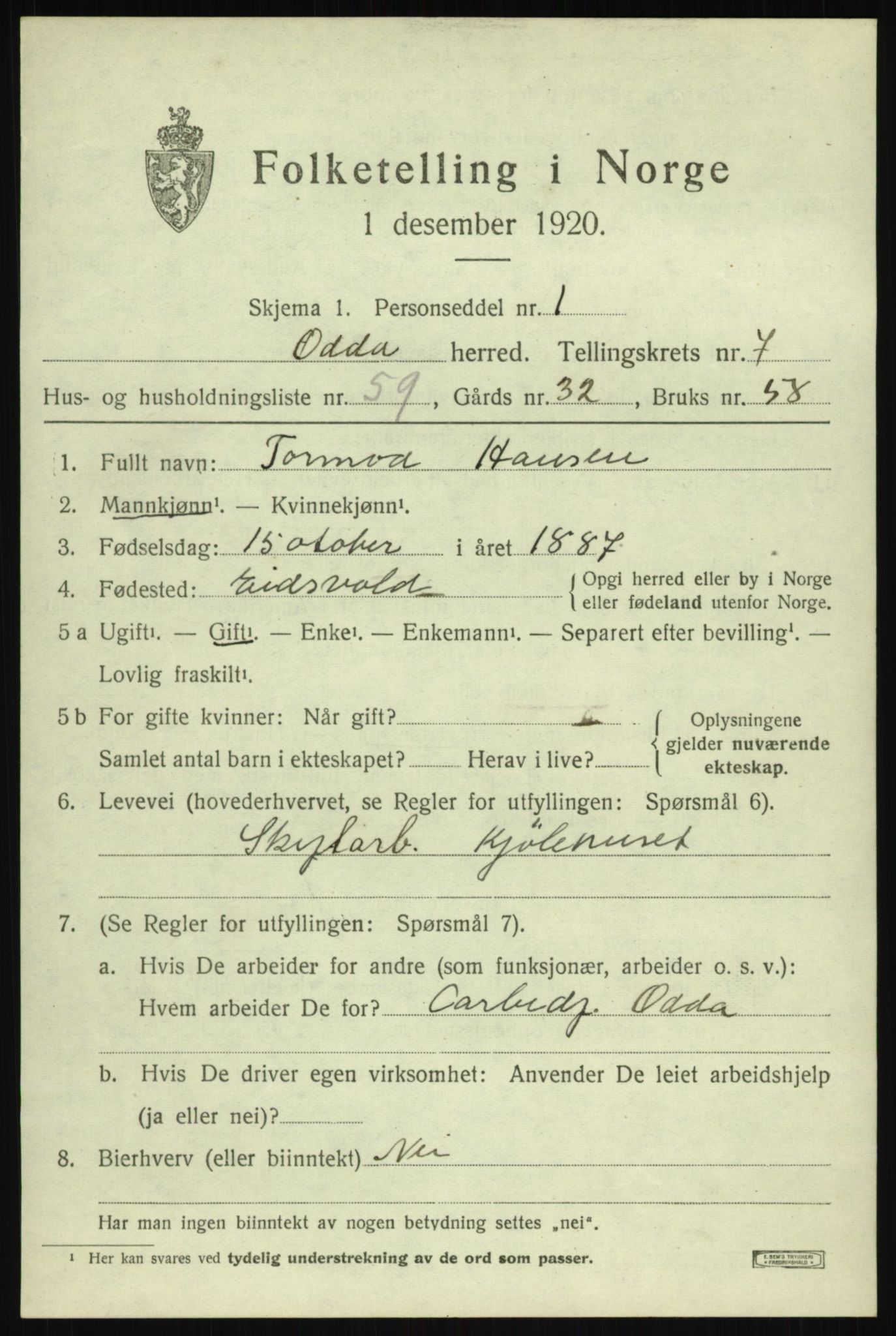 SAB, 1920 census for Odda, 1920, p. 6395