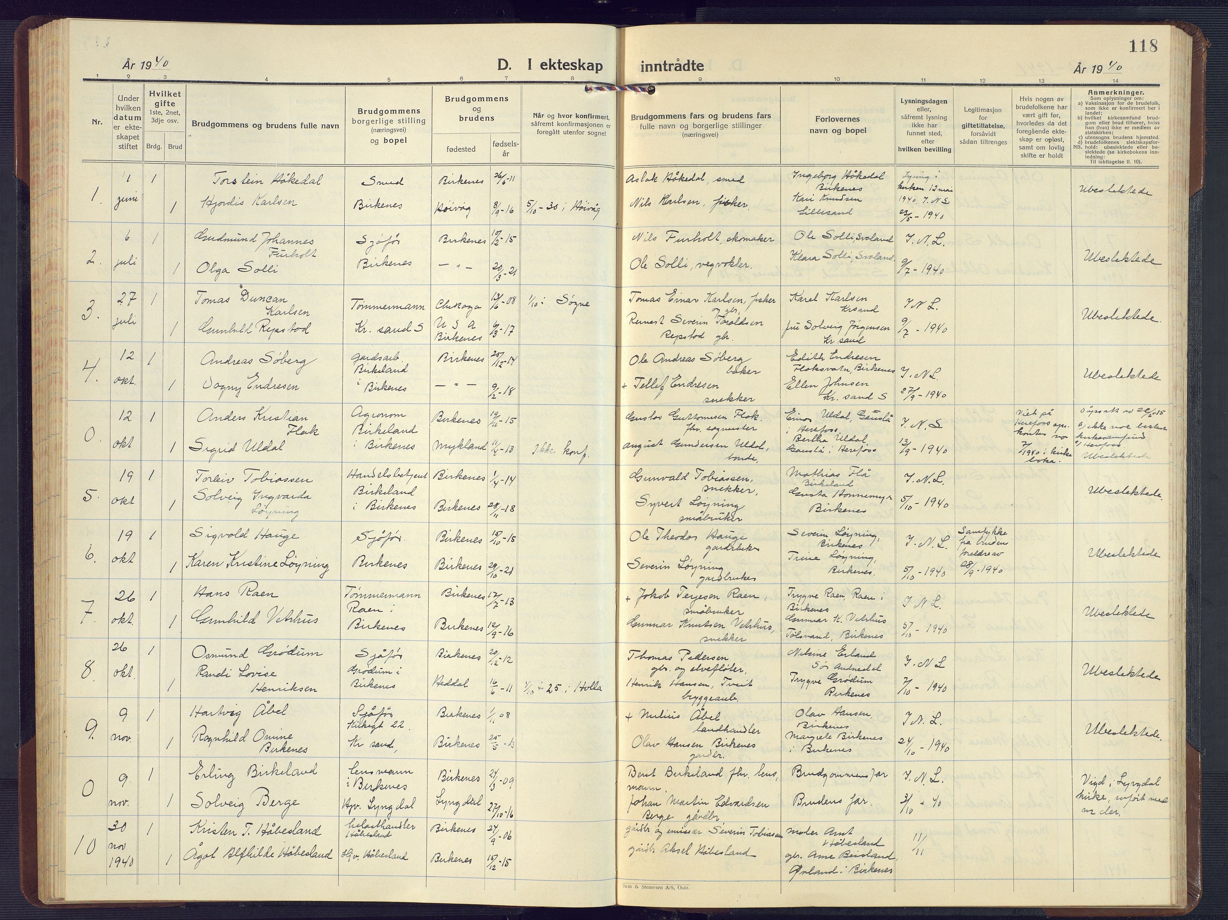 Birkenes sokneprestkontor, SAK/1111-0004/F/Fb/L0005: Parish register (copy) no. B 5, 1930-1957, p. 118