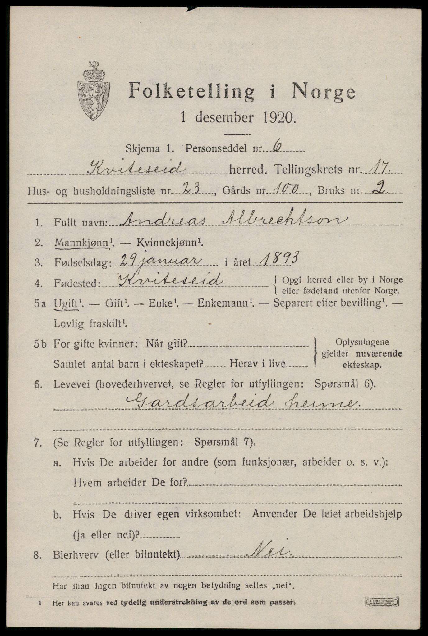 SAKO, 1920 census for Kviteseid, 1920, p. 7961