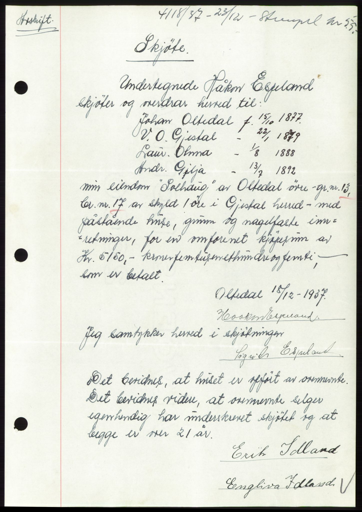 Jæren sorenskriveri, SAST/A-100310/03/G/Gba/L0069: Mortgage book, 1937-1937, Diary no: : 4118/1937