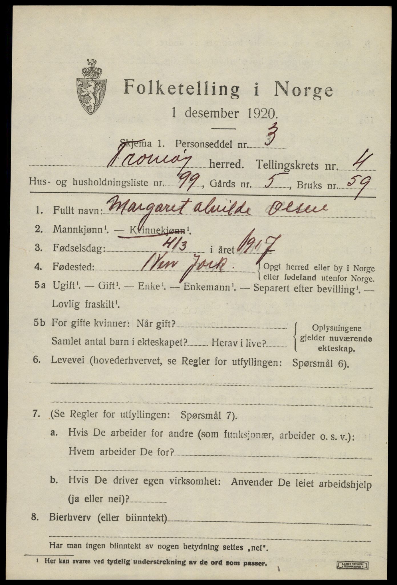 SAK, 1920 census for Tromøy, 1920, p. 3807