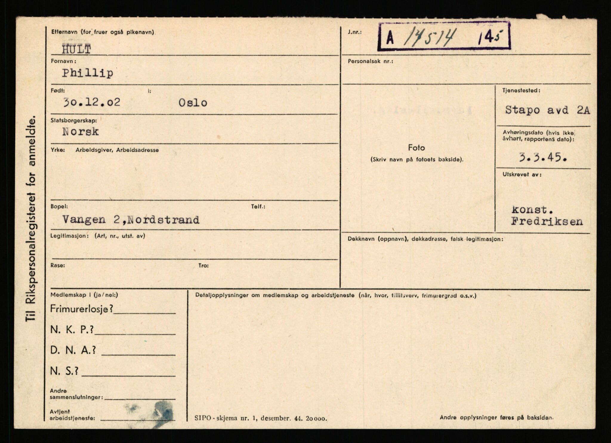 Statspolitiet - Hovedkontoret / Osloavdelingen, AV/RA-S-1329/C/Ca/L0007: Hol - Joelsen, 1943-1945, p. 1229