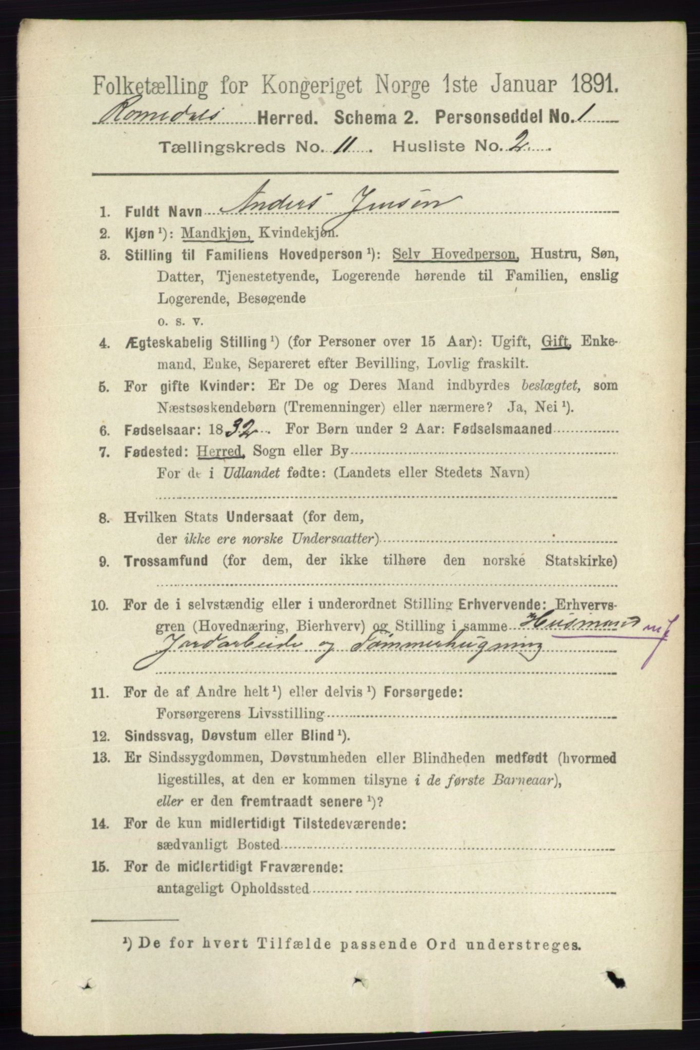 RA, 1891 census for 0416 Romedal, 1891, p. 5405