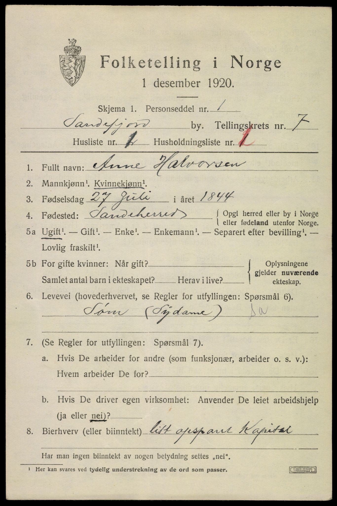 SAKO, 1920 census for Sandefjord, 1920, p. 10374