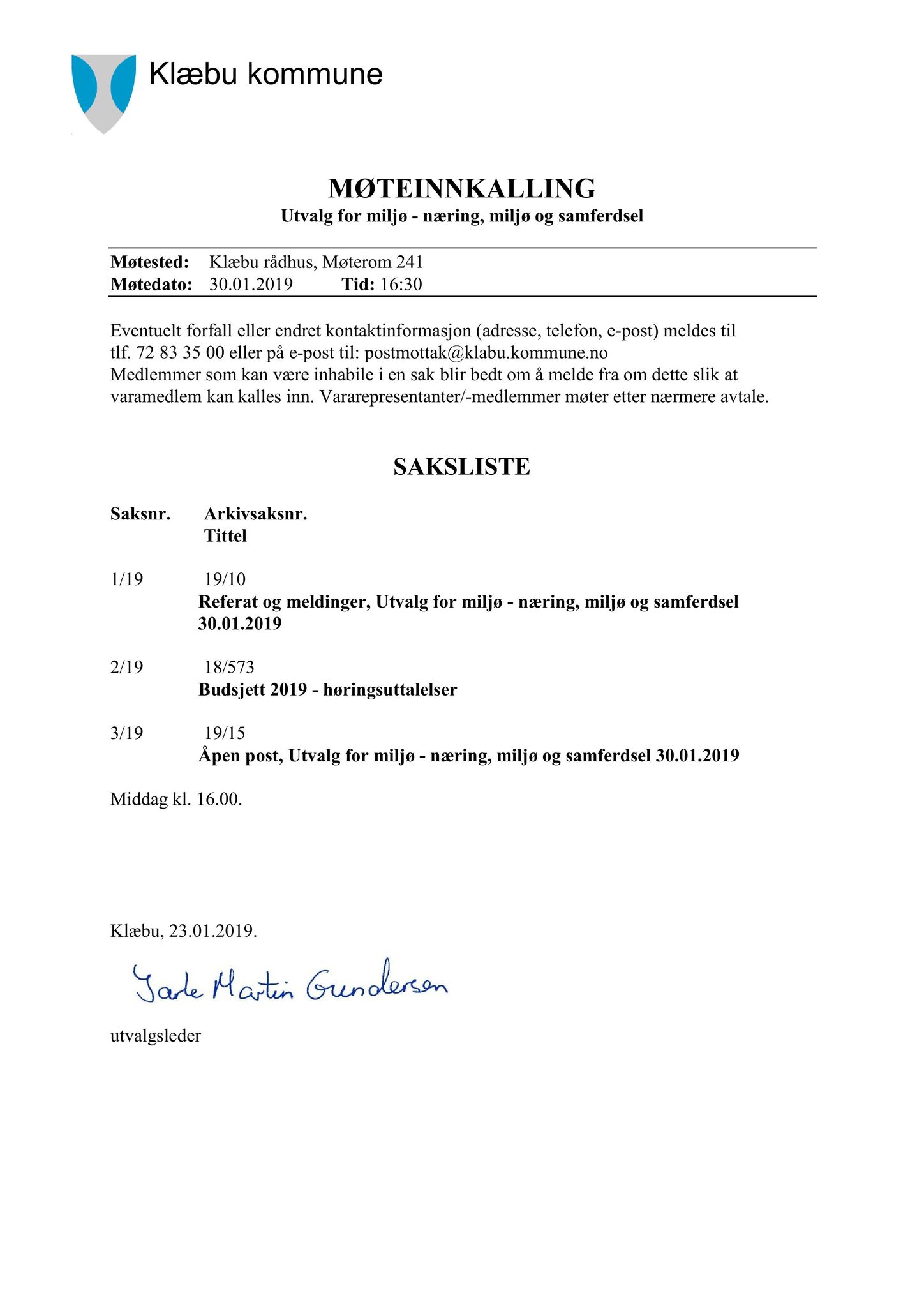 Klæbu Kommune, TRKO/KK/06-UM/L006: Utvalg for miljø - Møtedokumenter 2019, 2019, p. 2