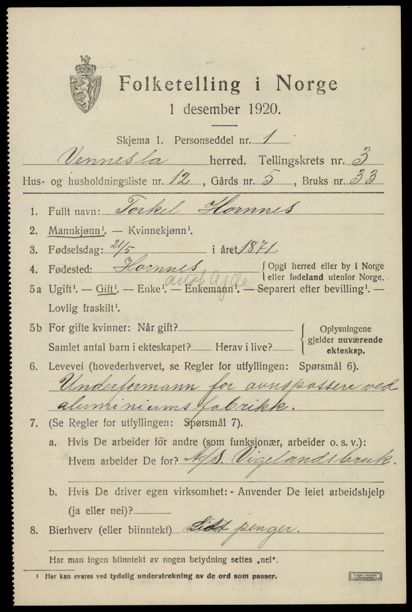 SAK, 1920 census for Vennesla, 1920, p. 2348