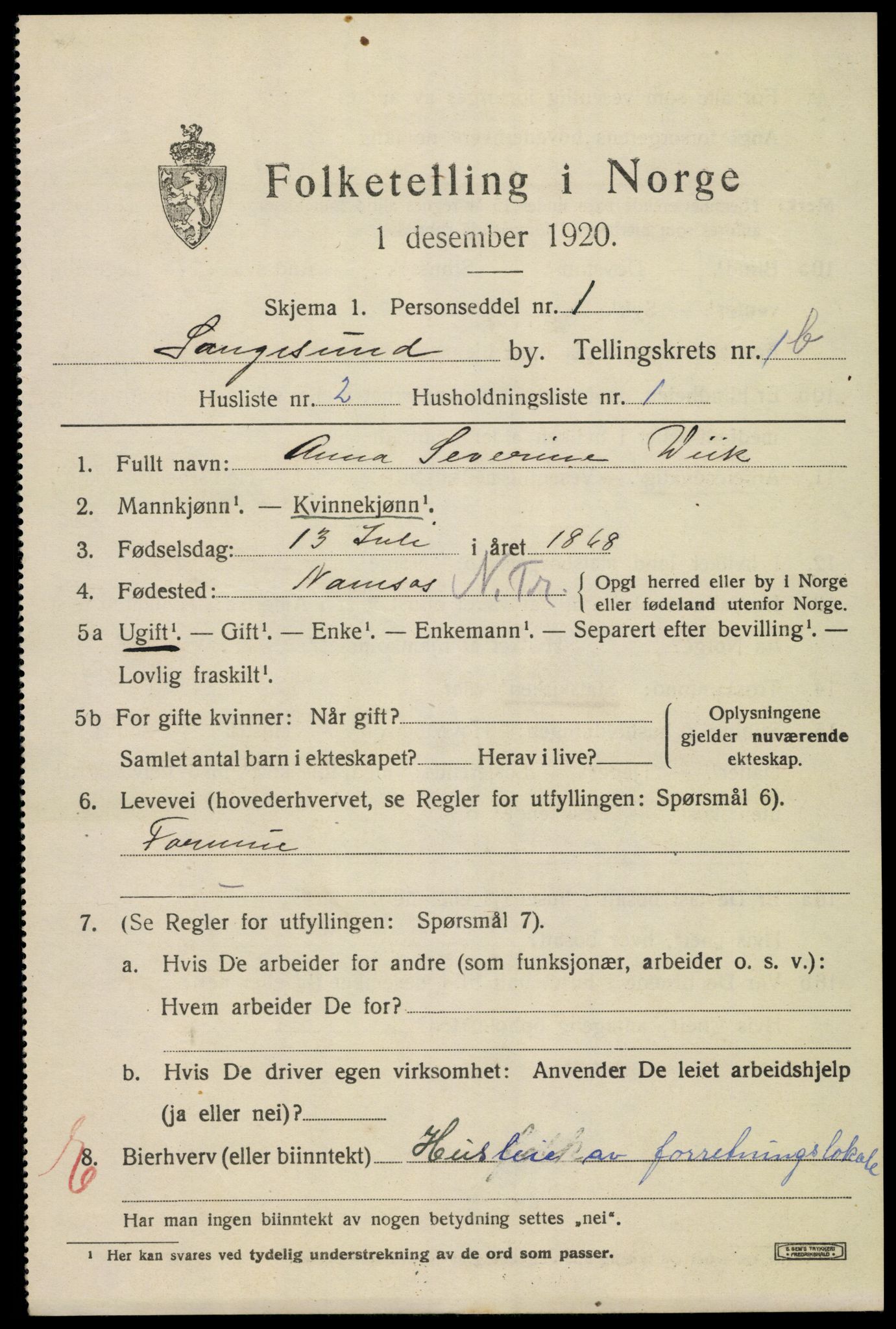 SAKO, 1920 census for Langesund, 1920, p. 2737