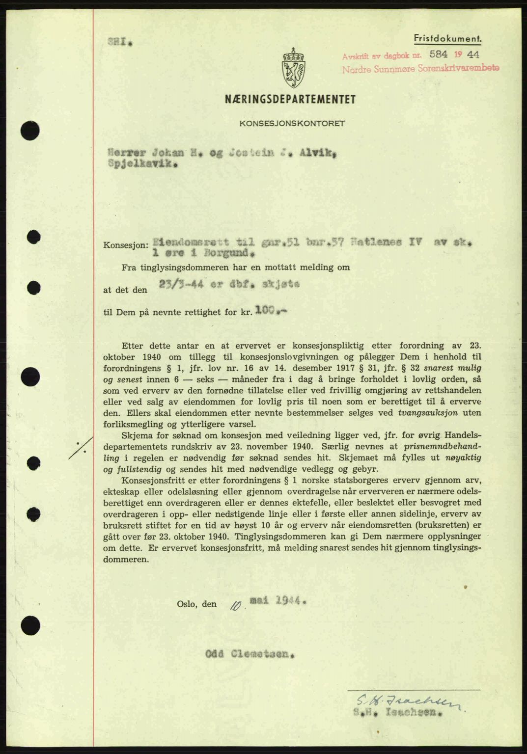 Nordre Sunnmøre sorenskriveri, SAT/A-0006/1/2/2C/2Ca: Mortgage book no. B6-14 a, 1942-1945, Diary no: : 584/1944