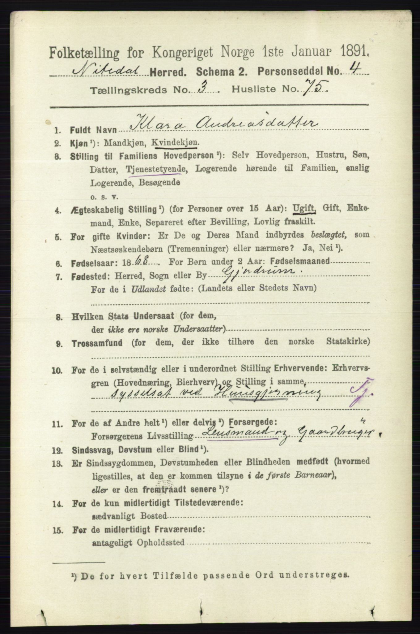 RA, 1891 census for 0233 Nittedal, 1891, p. 1614