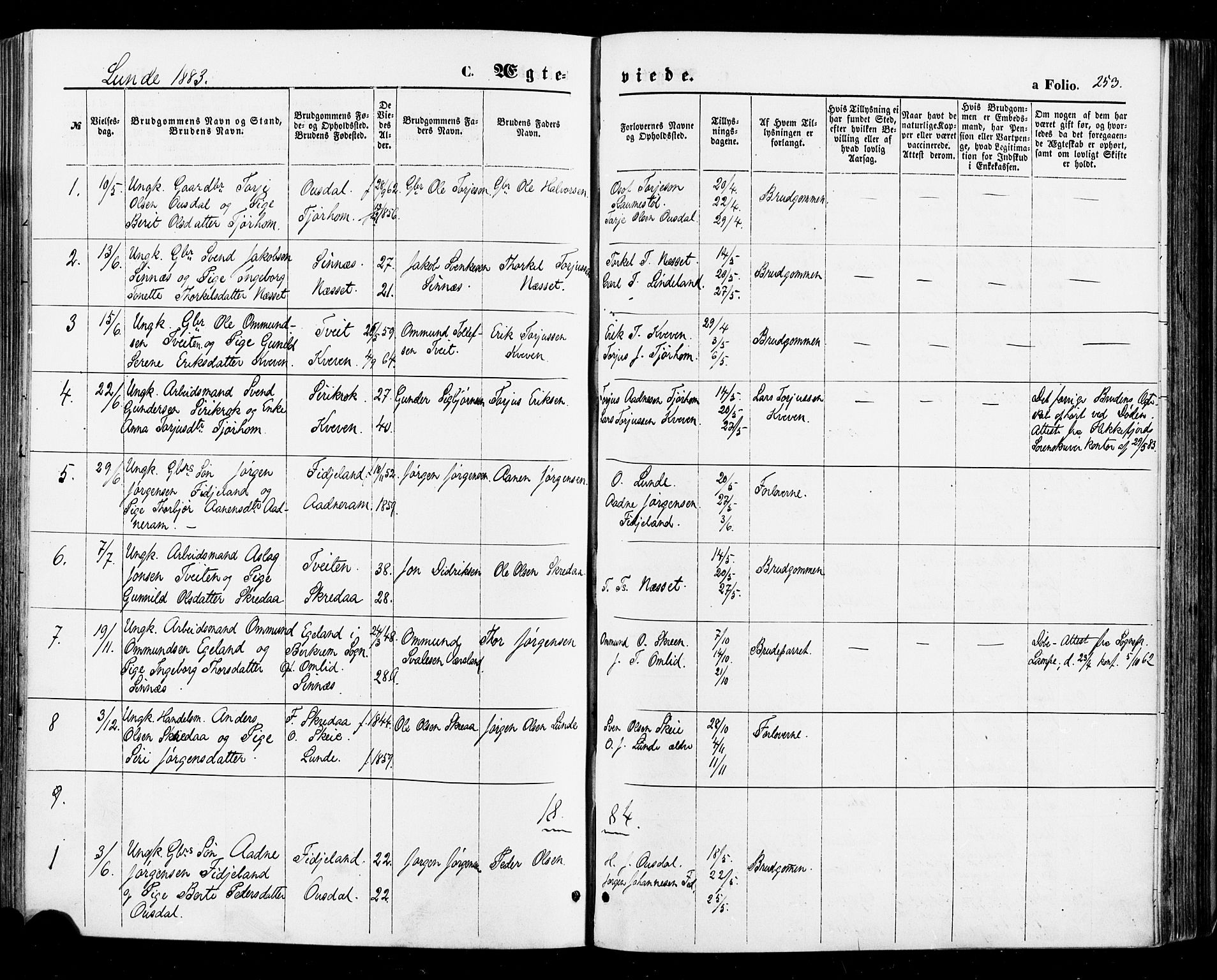 Sirdal sokneprestkontor, AV/SAK-1111-0036/F/Fa/Fab/L0003: Parish register (official) no. A 3, 1874-1886, p. 253